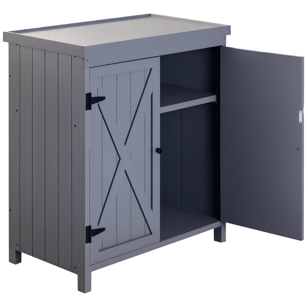 Outdoor Storage Cabinet, Outdoor Tool Shed with Galvanized Top and Two Shelves for Yard Tools or Pool Accessories, Gray