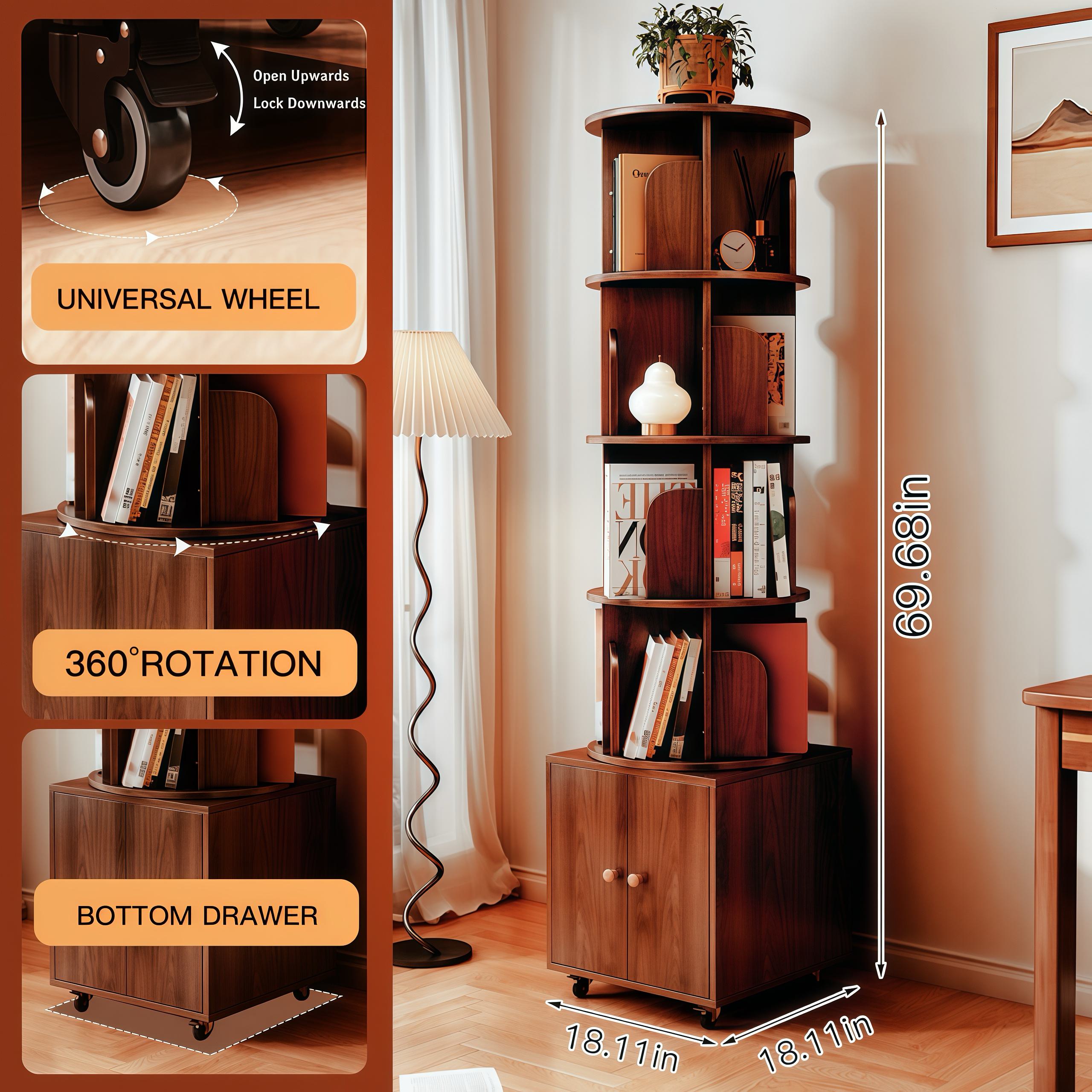 5-Tier 360-Degree Rotating Corner Bookshelf with Drawer, Wood Book Shelf Organizer for Bedroom, Living Room, 18" L x 18" W x 70" H, Walnut Brown