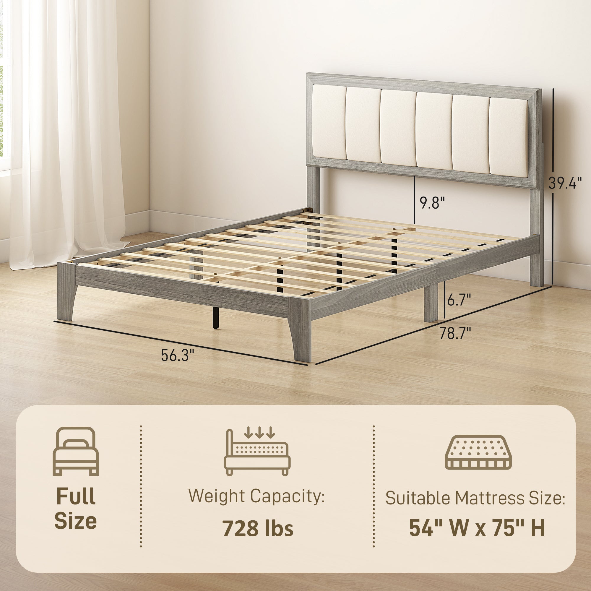 Full Bed Frame with Headboard Full Size Platform Bed Frame with Wooden Slats No Box Spring Needed Easy Assembly Gray