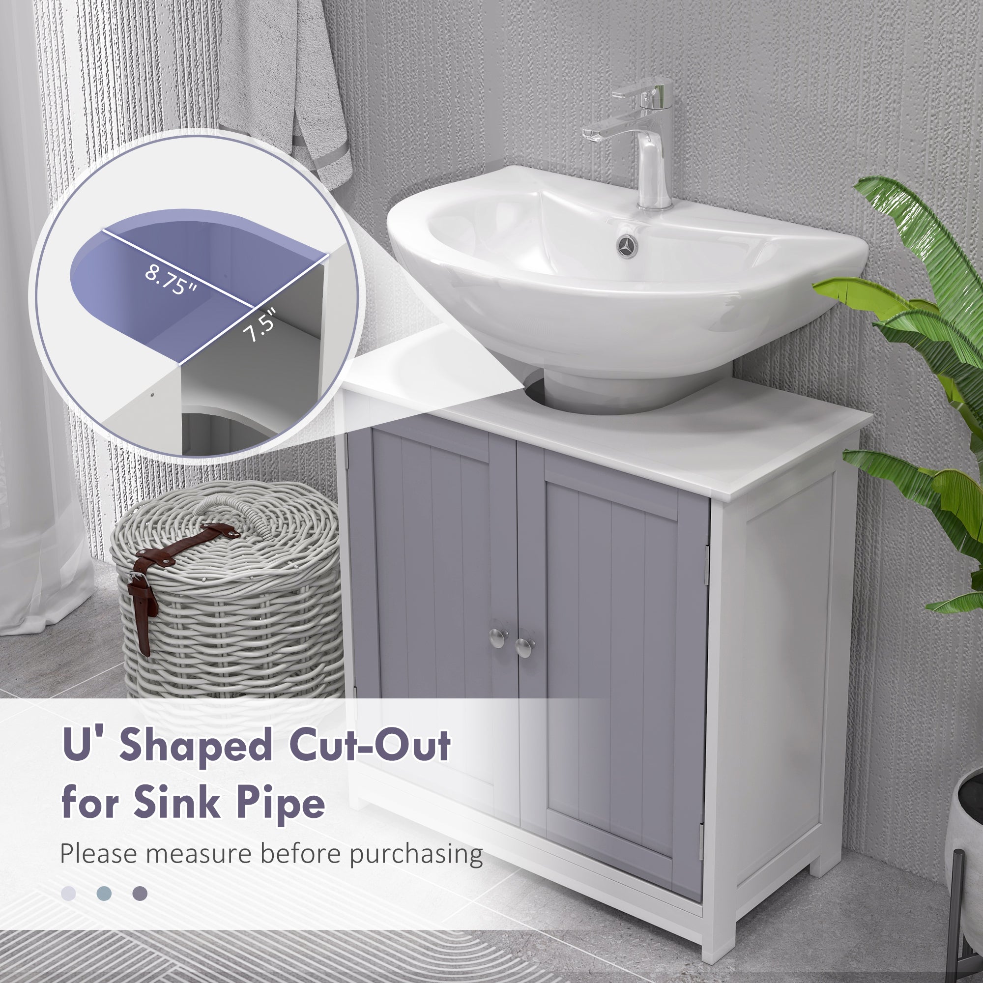 Bathroom Vanities, Bathroom Sink Cabinets with U-Shape Cut-Out and Adjustable Internal Shelf, White and Gray