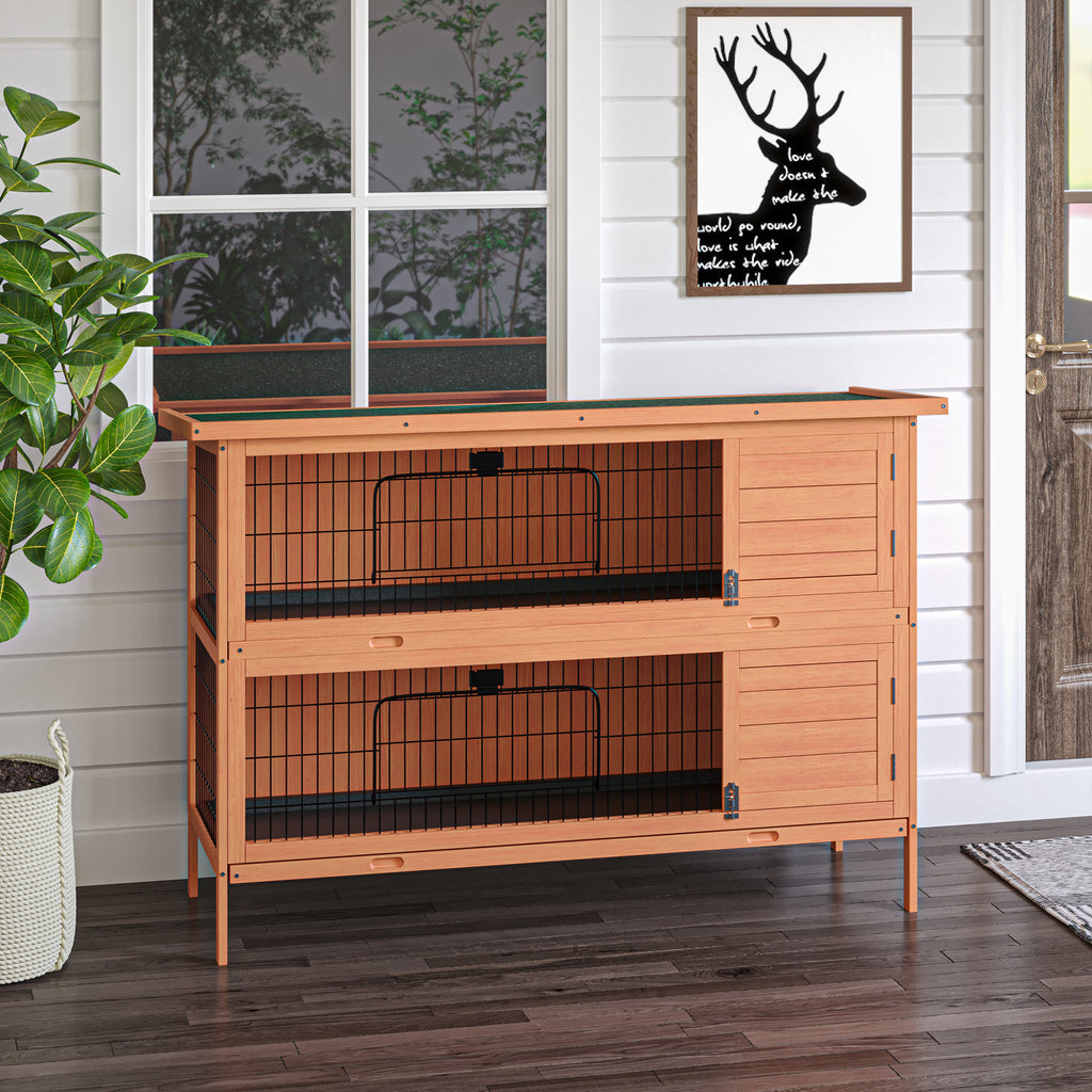 54" 2-Story Large Rabbit Hutch Bunny Cage Wooden Pet House Small Animal Habitat Lockable Doors, Tray, Roof, Orange