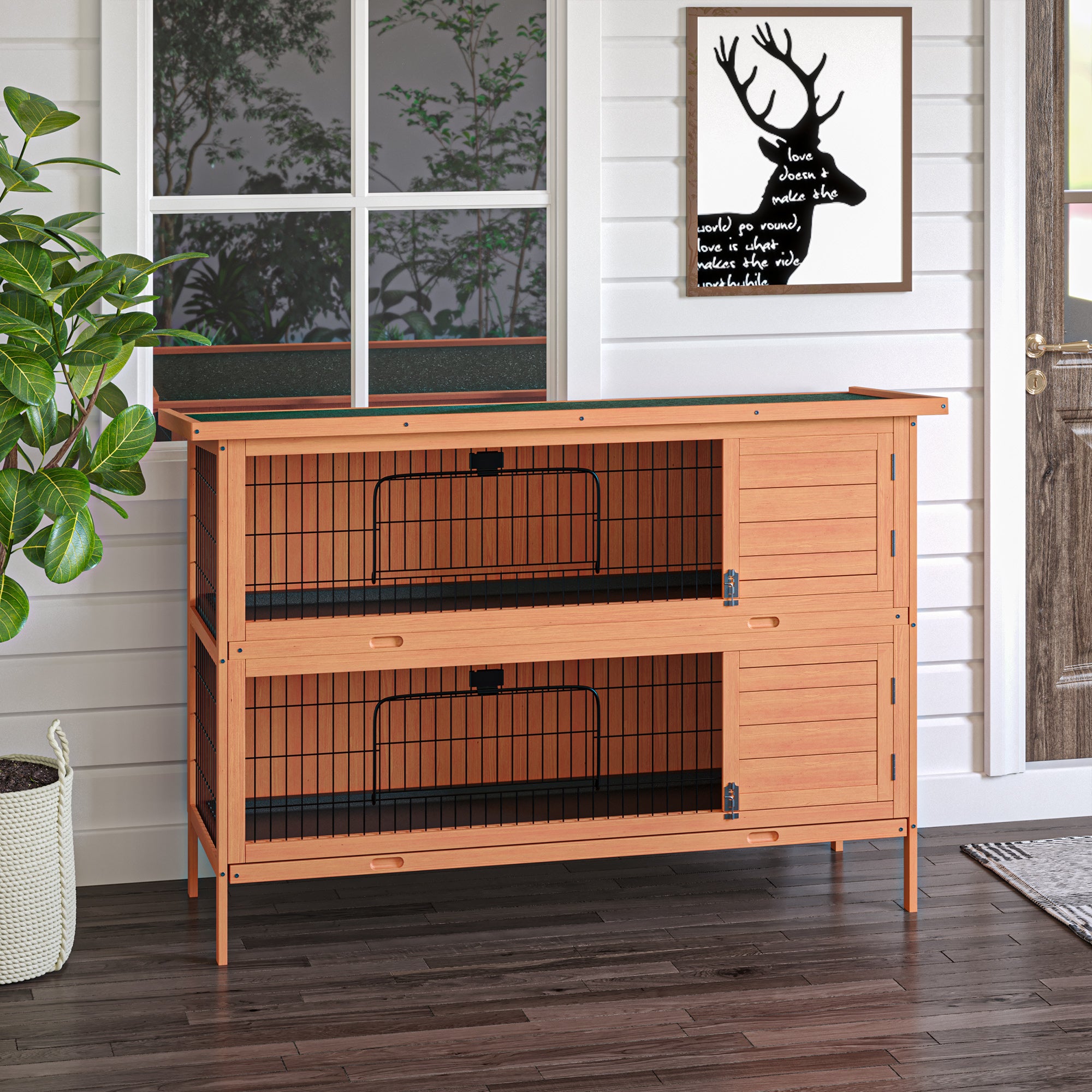 54" 2-Story Large Rabbit Hutch Bunny Cage Wooden Pet House Small Animal Habitat Lockable Doors, Tray, Roof, Orange
