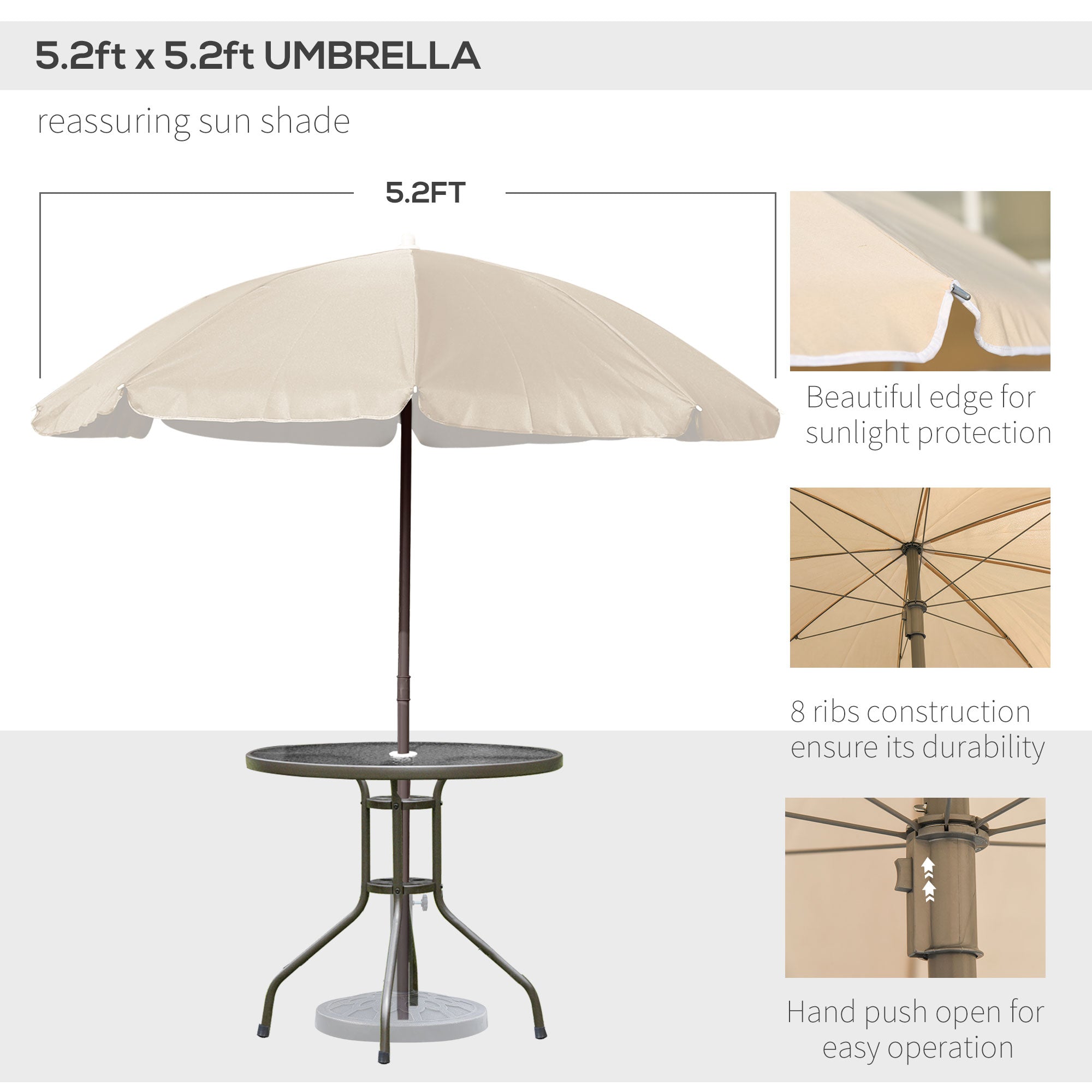 6 Piece Patio Dining Set for 4 with Umbrella, Outdoor Table and Chairs with 4 Folding Dining Chairs & Round Glass Table for Garden, Backyard and Poolside, Beige