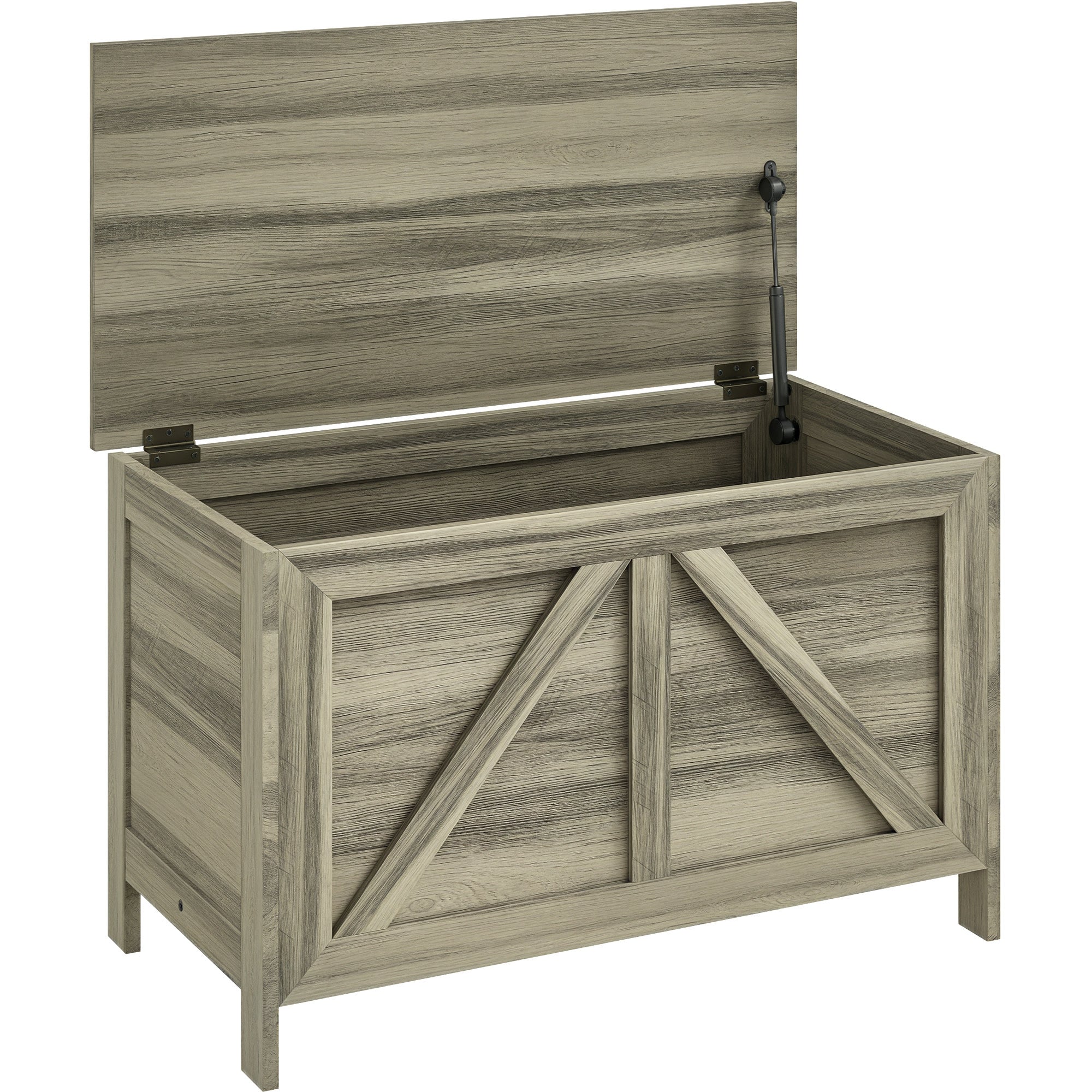 30" Farmhouse Storage Bench, Lift Top Storage Chest with Safety Hinge to Open Up 100°, Wooden Trunk for Bedroom, Entryway, Living Room, Gray