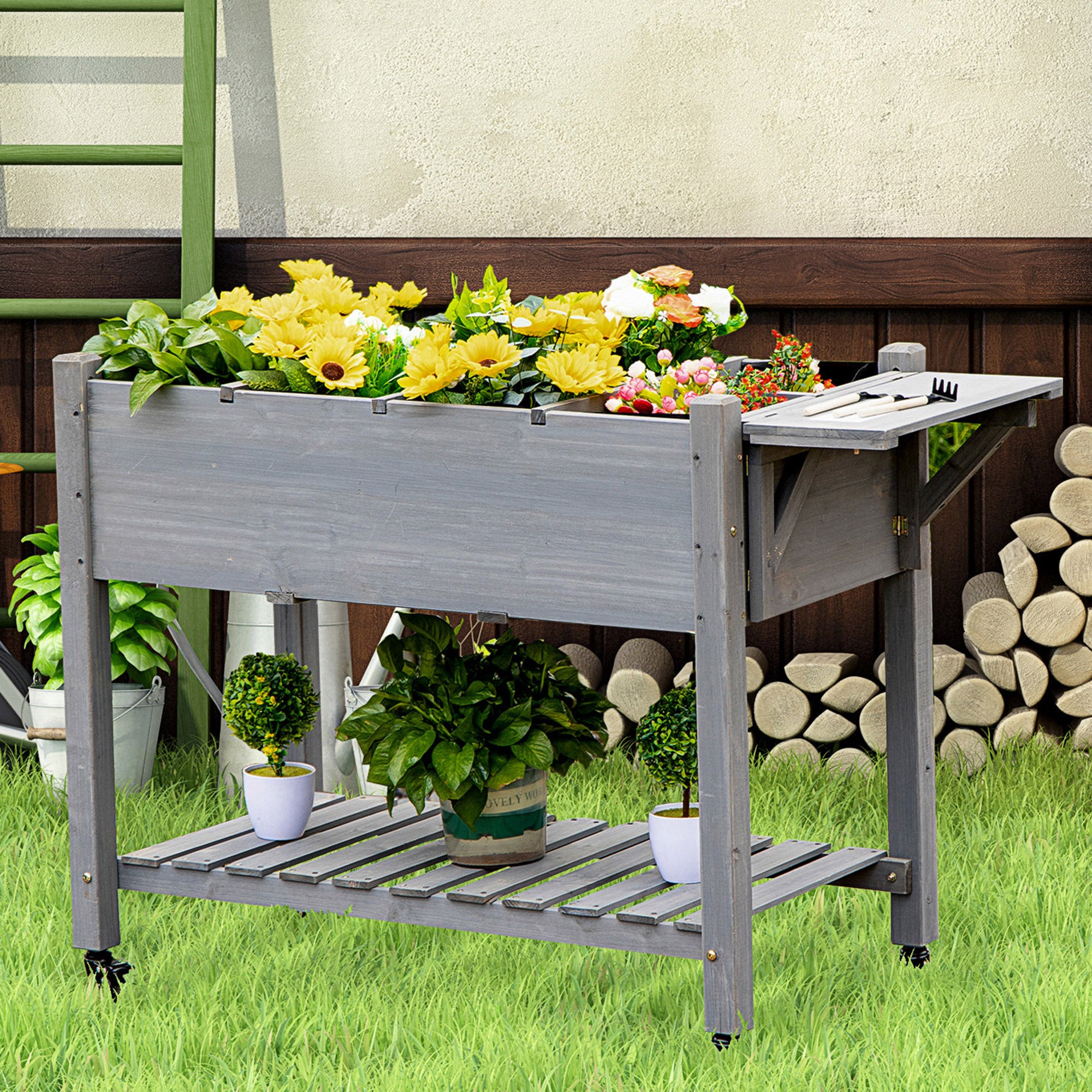 Raised Garden Bed Planter Box w/ 8 Grow Grids, Storage Shelf & Lockable Wheels