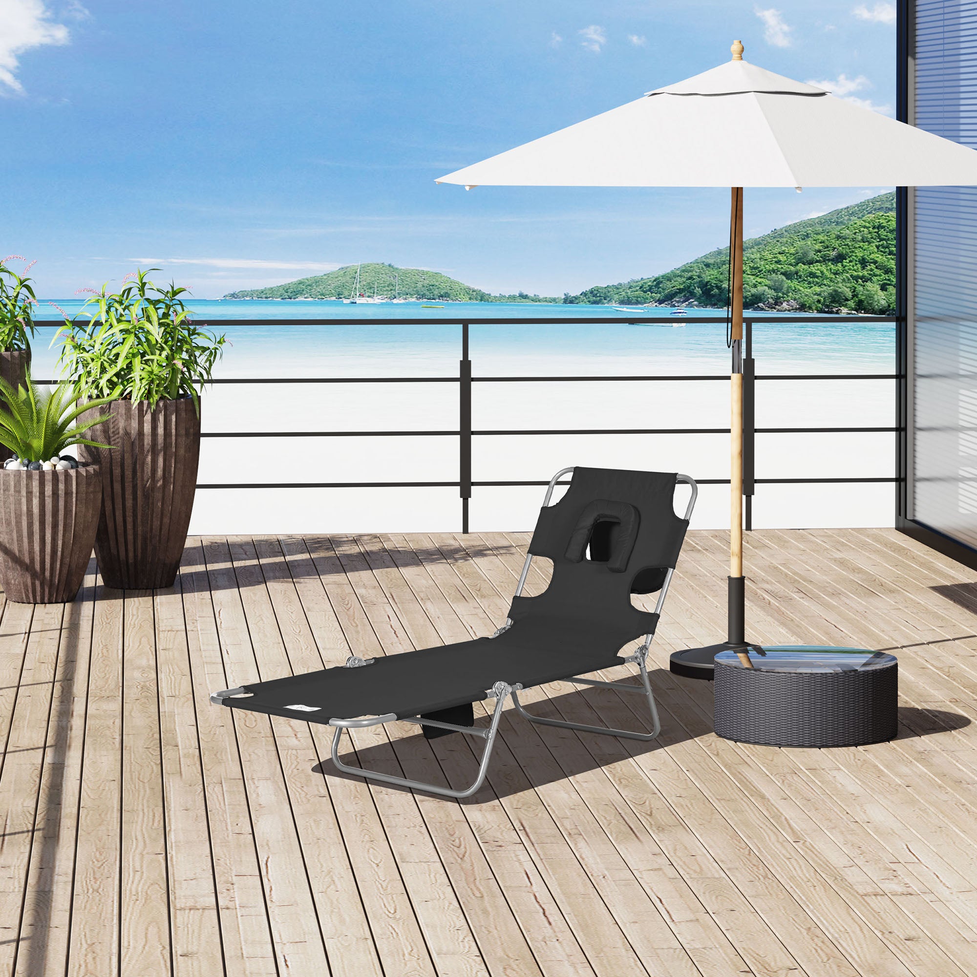 Tanning Chair with Face Hole, 5-Level Adjustable Outdoor Chaise Lounge Chair with Pillow for Beach, Pool, Black