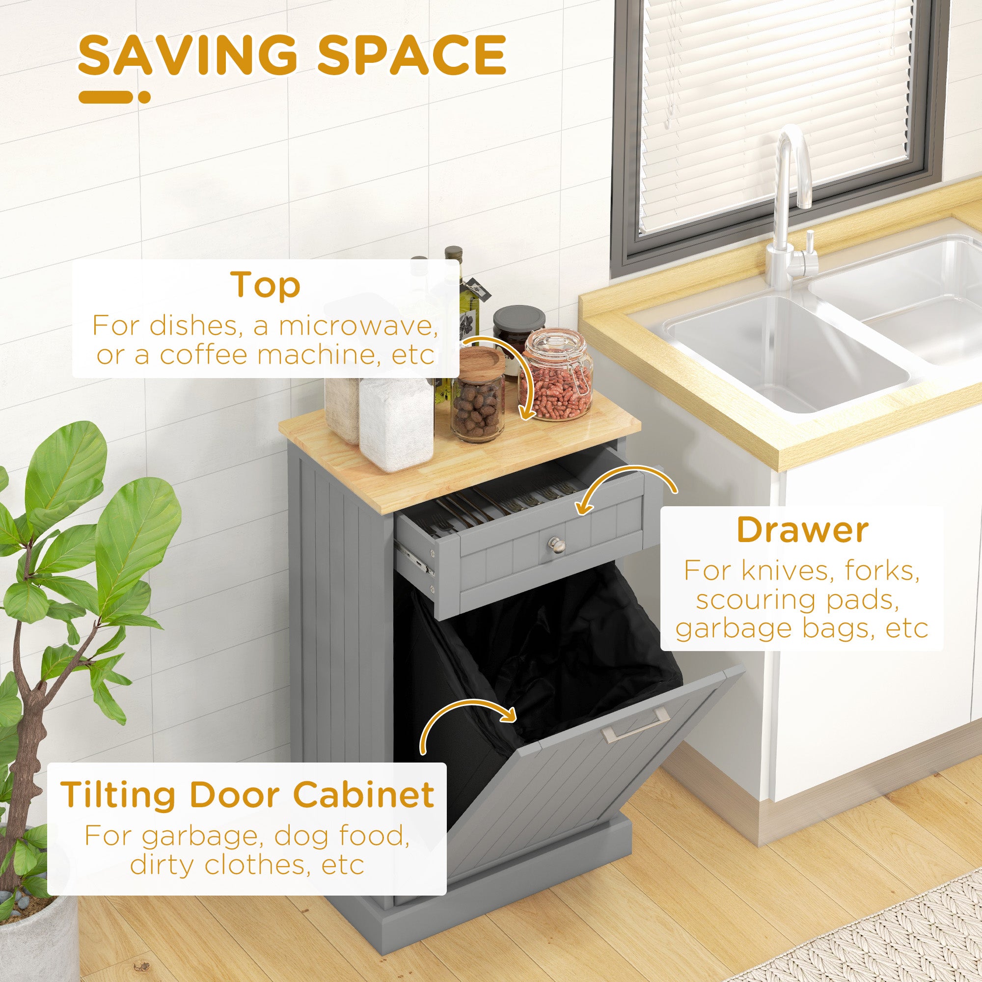 10 Gallon Tilt Out Trash Cabinet, Wooden Hidden Trash Can with Storage Drawer for Kitchen, Laundry Hamper Cabinet for Bathroom, Gray