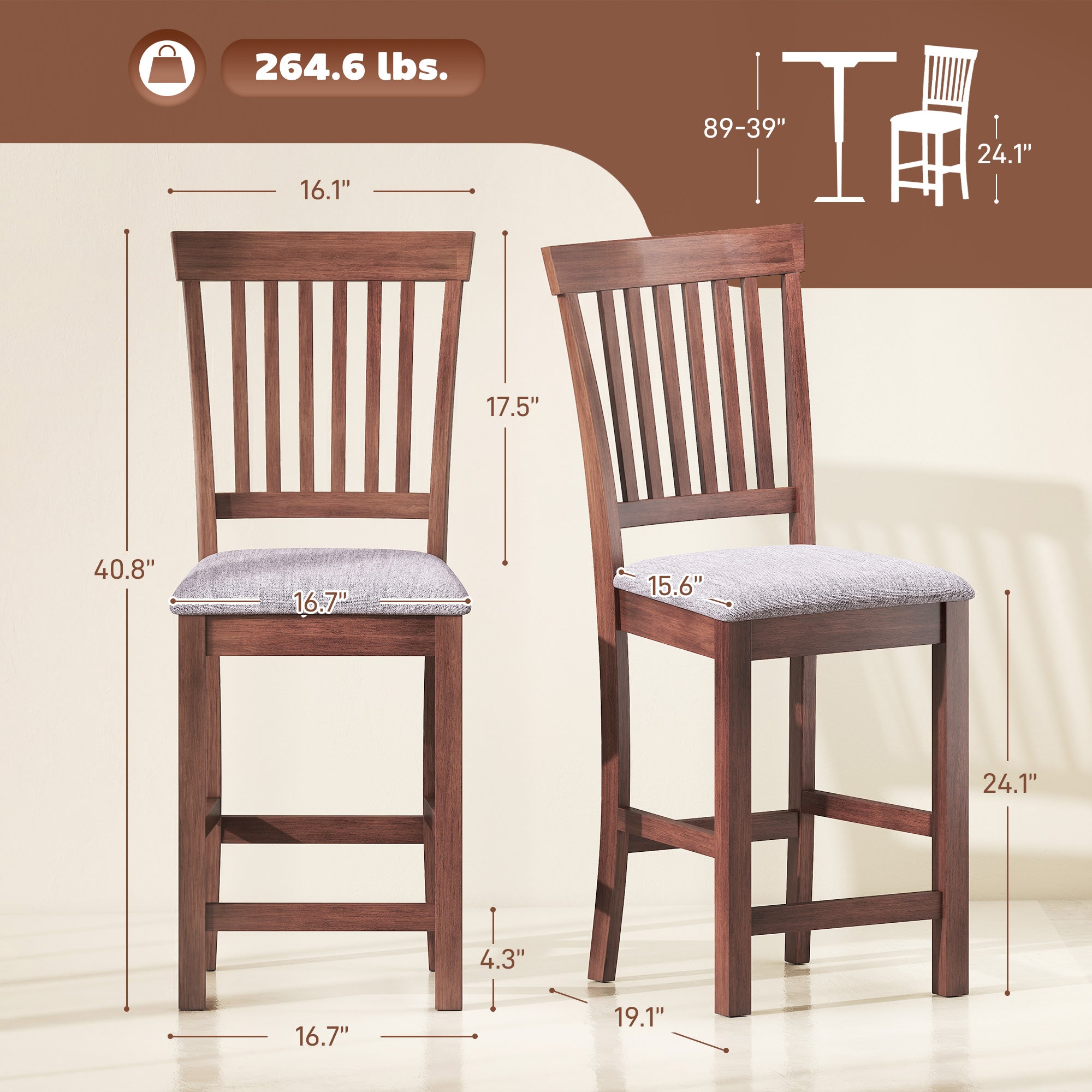Counter Height Bar Stools with Padded Seat, High Back Kitchen Chairs Set of 2 for Dining Room, Gray and Dark Brown