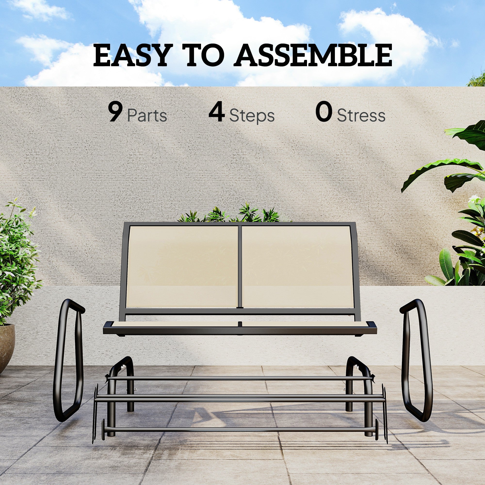 2-Person Outdoor Glider Bench, Patio Double Swing Rocking Chair Loveseat w/Powder Coated Steel Frame for Backyard Garden Porch, Beige