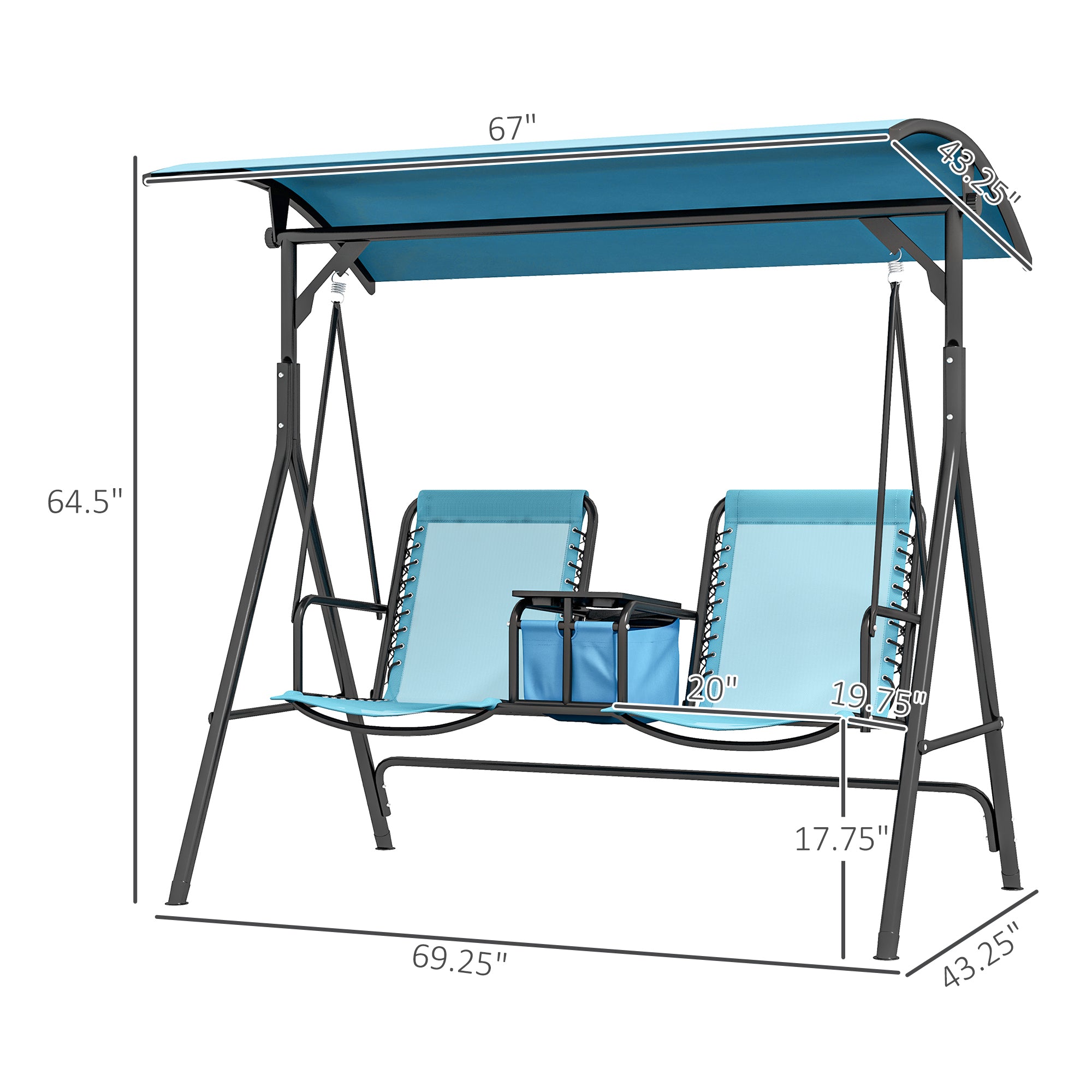2 Person Porch Swing with Canopy, Storage Table, Cup Holder, Blue