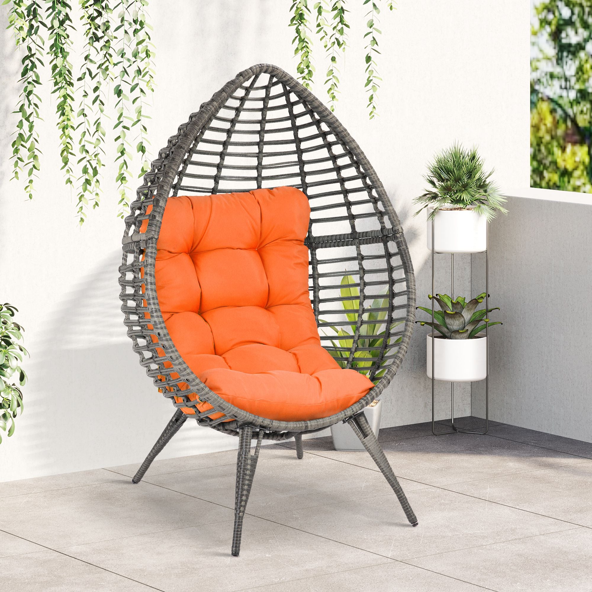 Patio Wicker Egg Chair w/ Soft Cushion, Teardrop Cuddle Seat, Outdoor / Indoor Patio Chair, PE Plastic Rattan Furniture with Adjustable Height Feet Pads, Orange