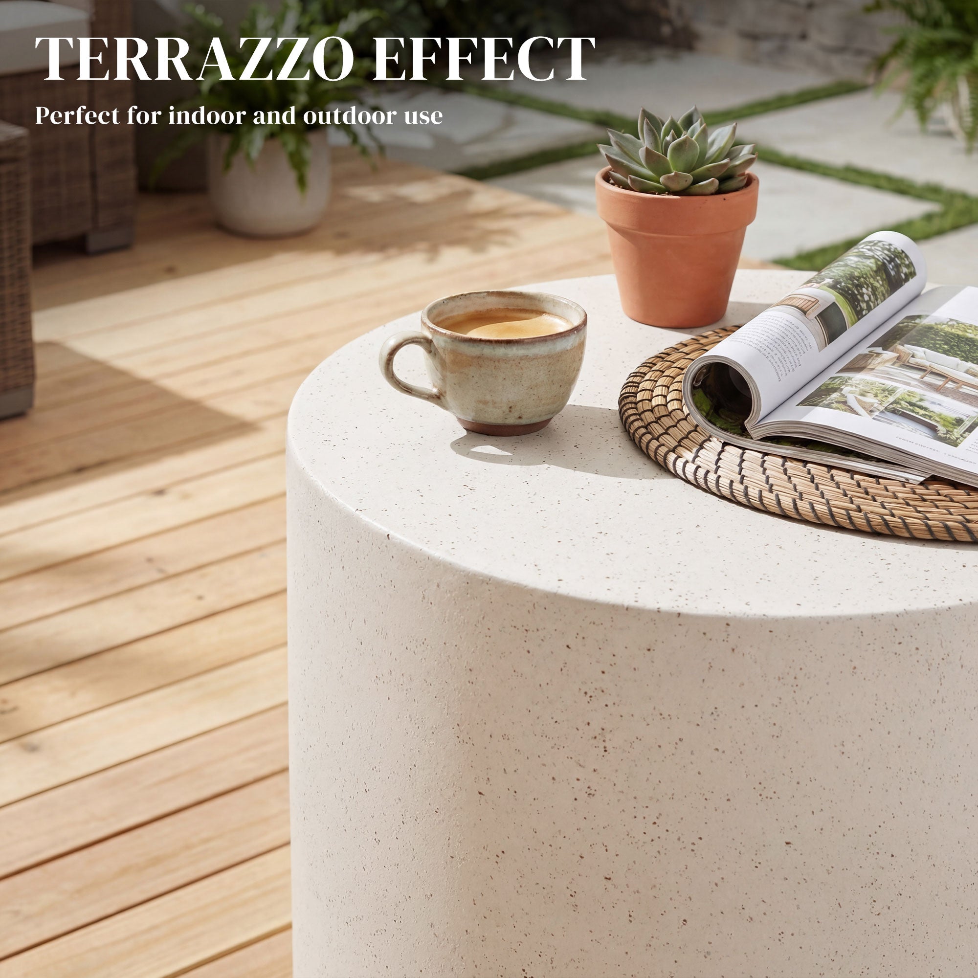 Lightweight Accent Table with Concrete Finish Round Side Table, Cream White