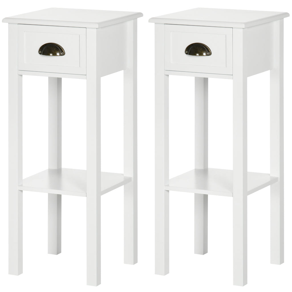 2-Tier Nightstand, Side Table with Drawer and Shelf for Living Room or Bedroom, Set of 2, White