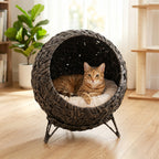 Rattan Cat Bed, Elevated Handwoven Cat Basket Bed with Soft Cushion and Metal Base