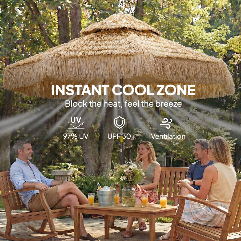 8.5 FT Hula Thatched Tiki Patio Umbrella, 2-Tier Tropical Hawaiian Style Outdoor Umbrella with 8 Ribs, UPF30+, Khaki