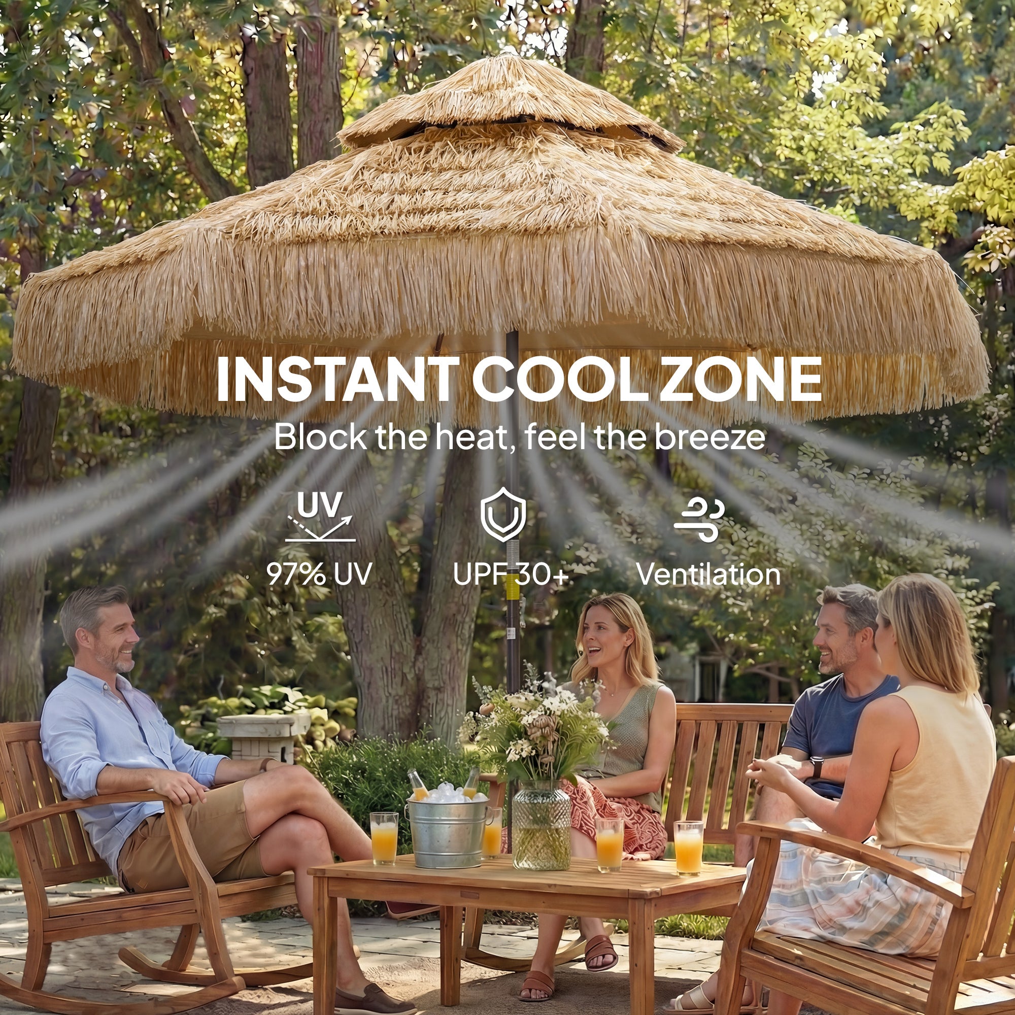 8.5 FT Hula Thatched Tiki Patio Umbrella, 2-Tier Tropical Hawaiian Style Outdoor Umbrella with 8 Ribs, UPF30+, Khaki