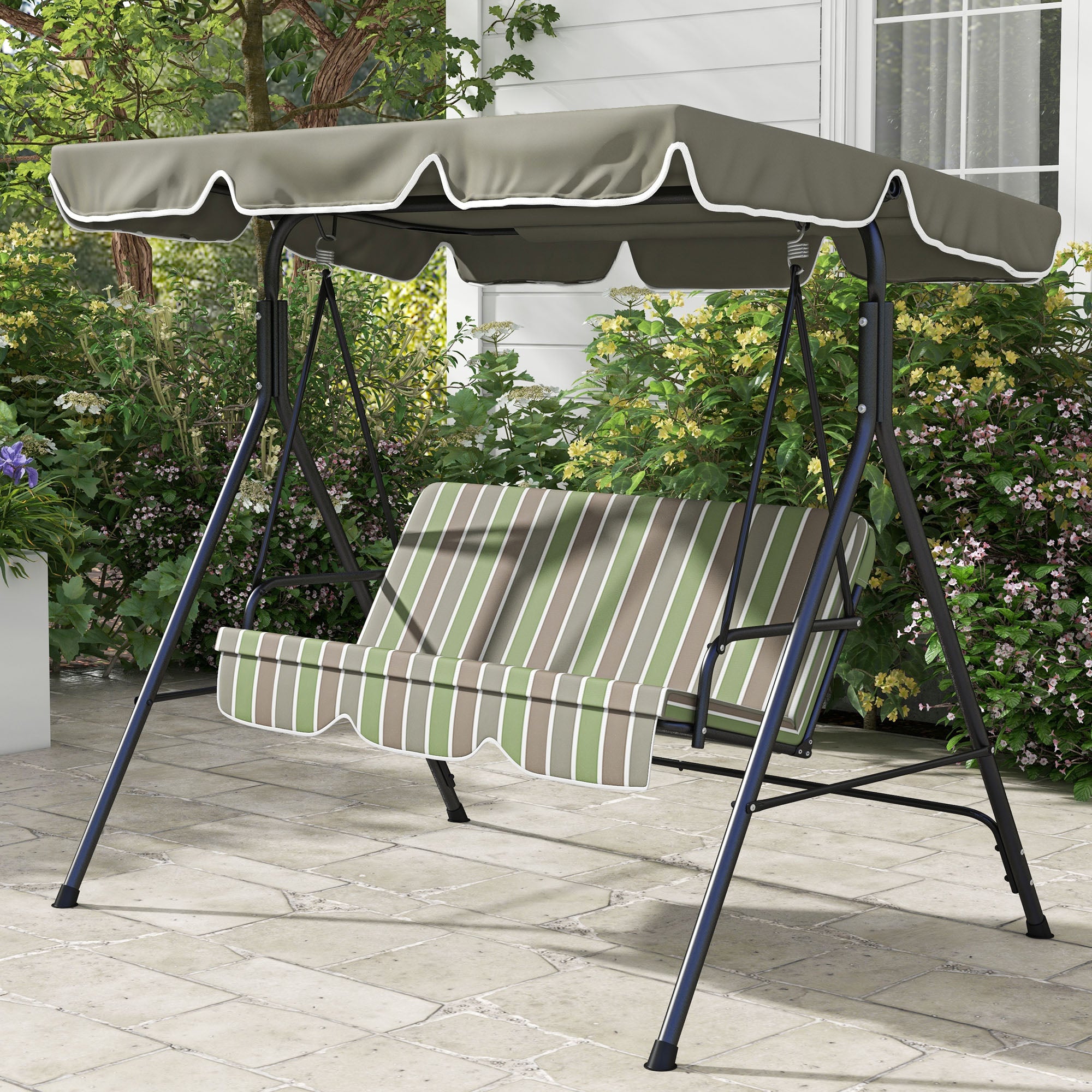 3-Seat Outdoor Patio Swing Chair w/ Cushion, Steel Frame Stand, Adjustable Tilt Canopy for Patio, Garden, Beige & Green