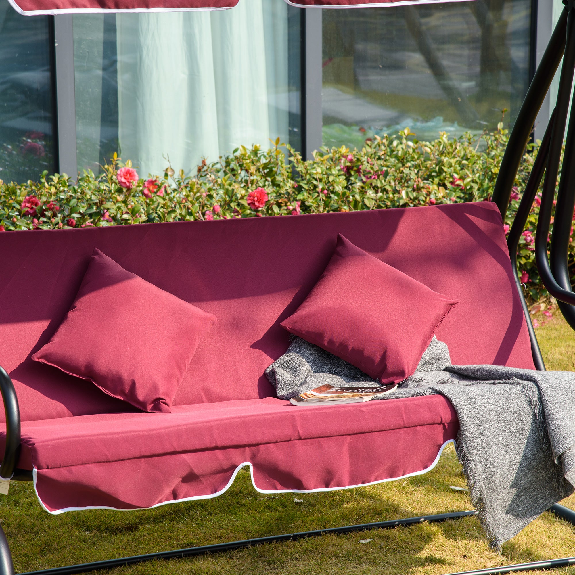3-Seat Outdoor Patio Swing Chair, Converting Flatbed, Outdoor Swing Glider with Adjustable Canopy, Removable Cushion and Pillows, for Porch, Garden, Poolside, Backyard, Red