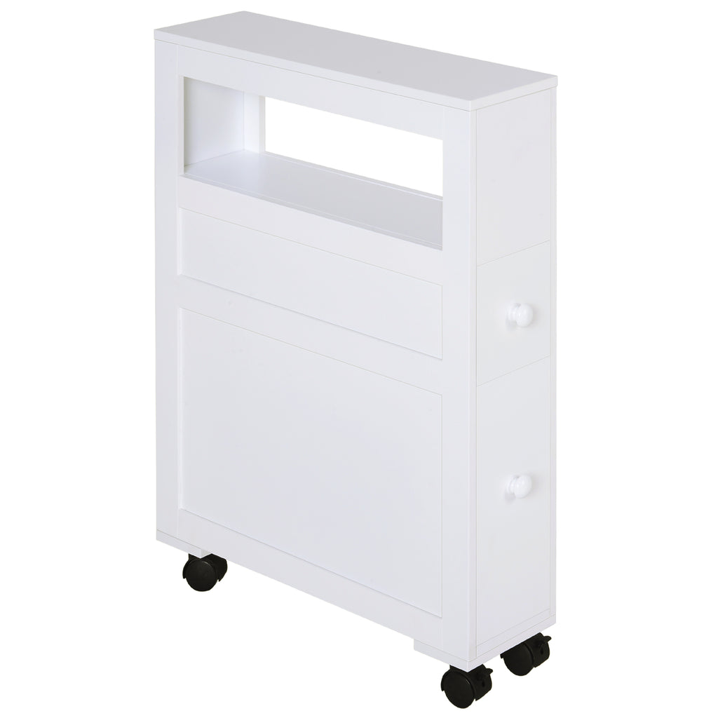 6.25" x 20.5" x 28.25" Wood Rolling Narrow Bathroom Side Storage Cabinet - White
