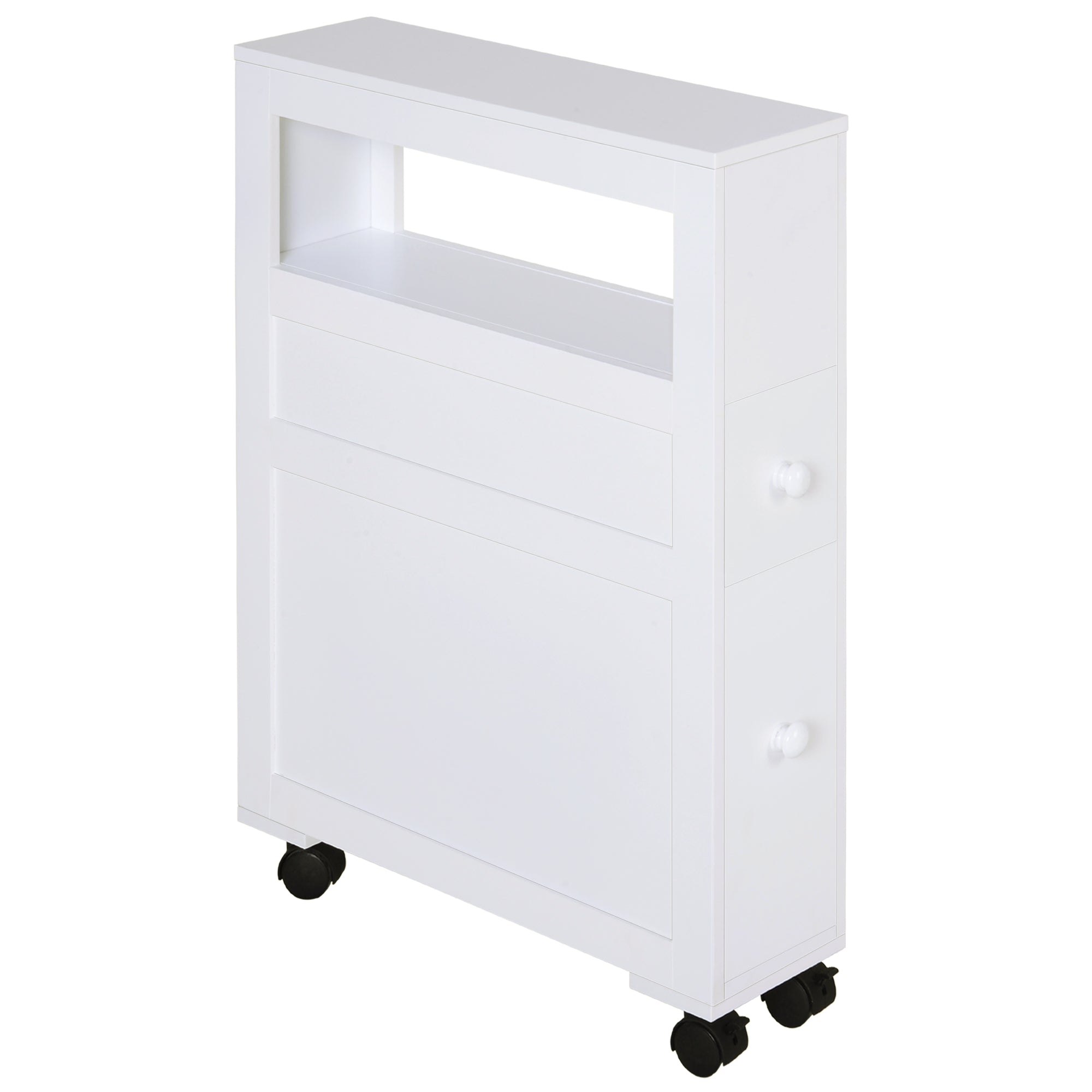 6.25" x 20.5" x 28.25" Wood Rolling Narrow Bathroom Side Storage Cabinet - White