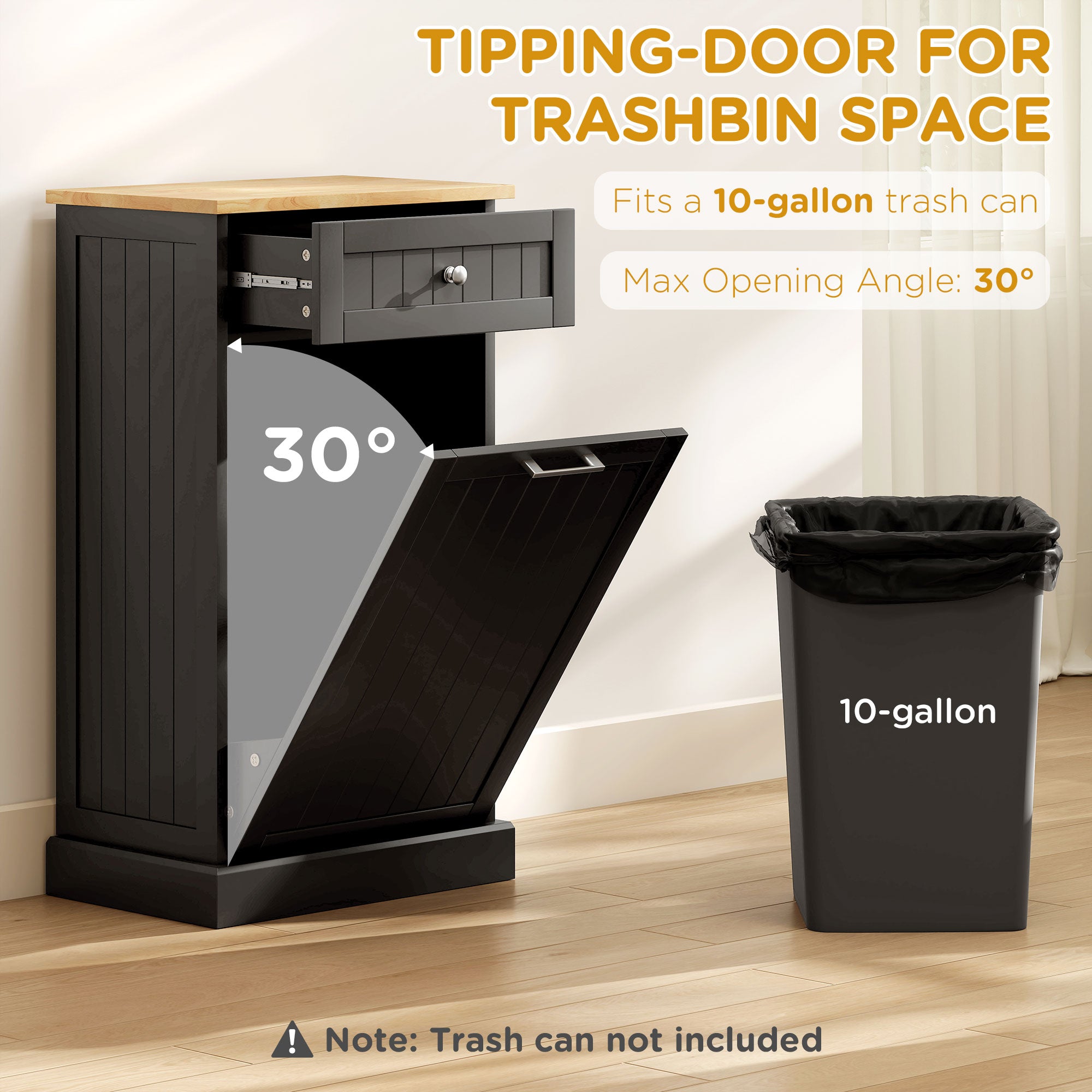 10 Gallon Tilt Out Trash Cabinet, Wooden Hidden Trash Can with Storage Drawer for Kitchen, Laundry Hamper Cabinet for Bathroom, Black