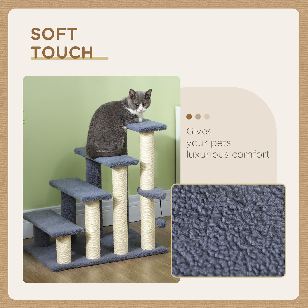 4 Levels Cat Steps with Scratching Posts for High Bed, Sofa, Gray