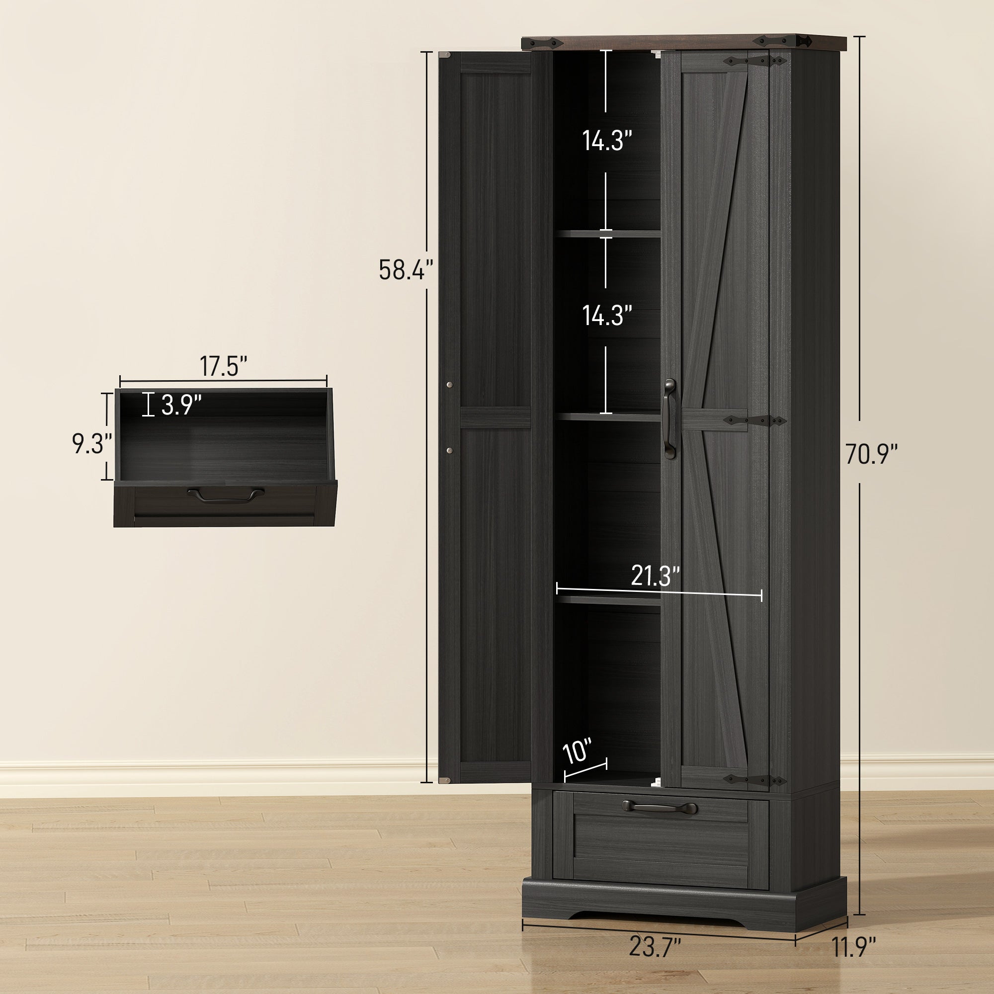 71" Pantry Cabinet, Kitchen Storage Cabinet with Adjustable Shelves, Barn Doors and Drawer for Dining Room, Black