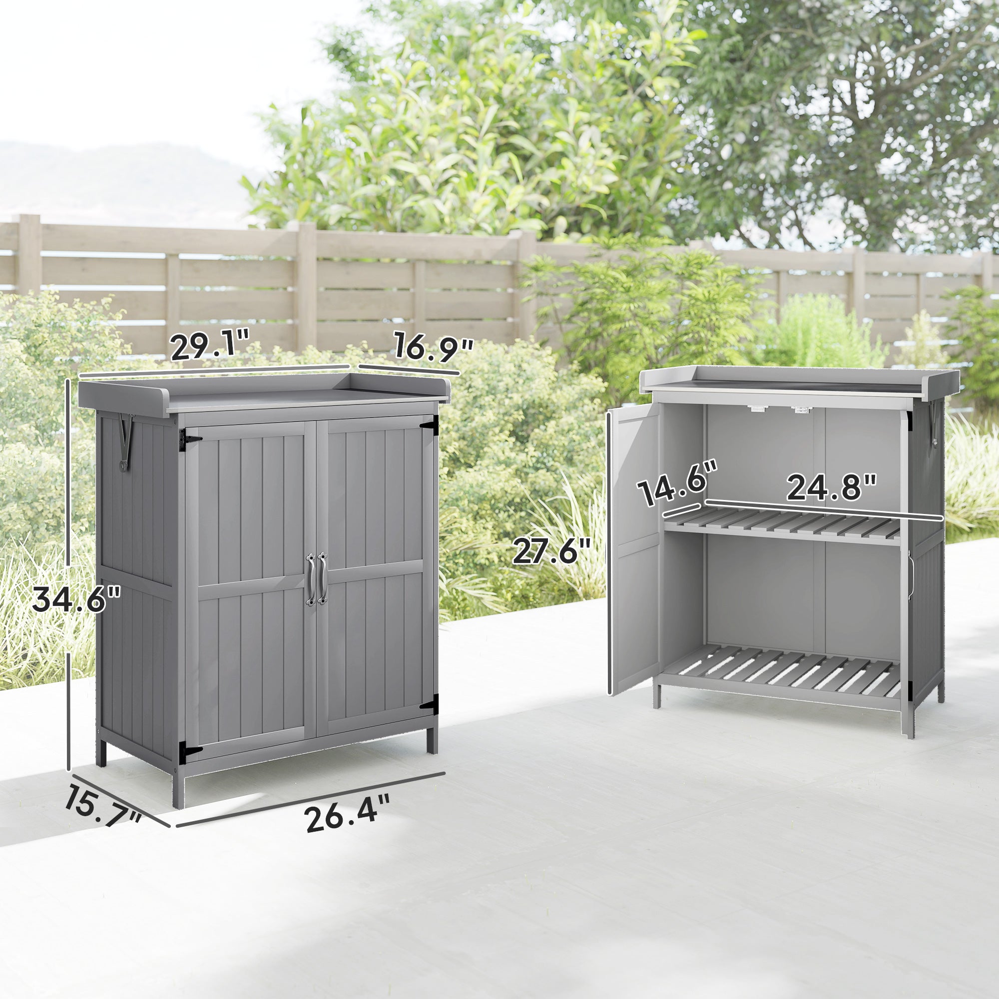 Outdoor Storage Cabinet, Garden Tool Shed with Metal Tabletop and Shelf, Wooden Potting Bench with 2 Doors, Gray
