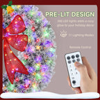 60in Flocked Pre-Lit Christmas Wreath with 3D Red Bow, 11 Lighting Modes, Front Door Christmas Wreath with Remote