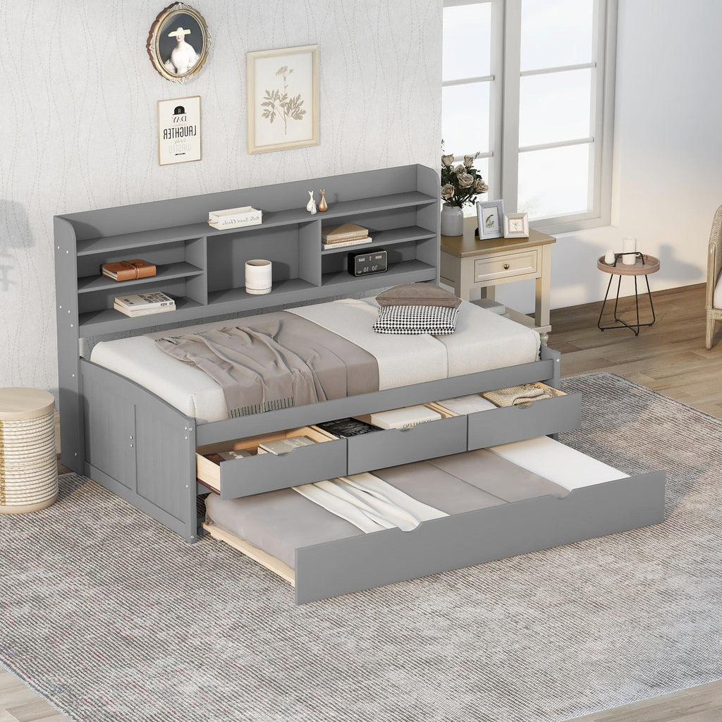Classic Style Twin Size Wooden Captain Bed with Built-in Bookshelves, 3 Storage Drawers, and Trundle, 77.5" L x 88" W x 47" H, Grey