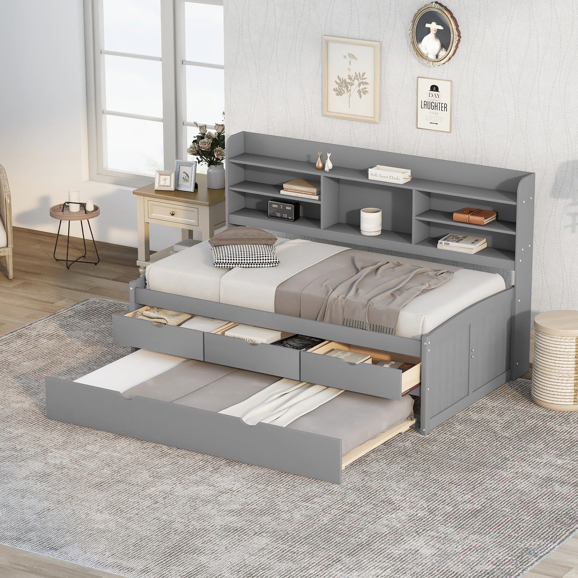Classic Style Twin Size Wooden Captain Bed with Built-in Bookshelves, 3 Storage Drawers, and Trundle, 77.5" L x 88" W x 47" H, Grey