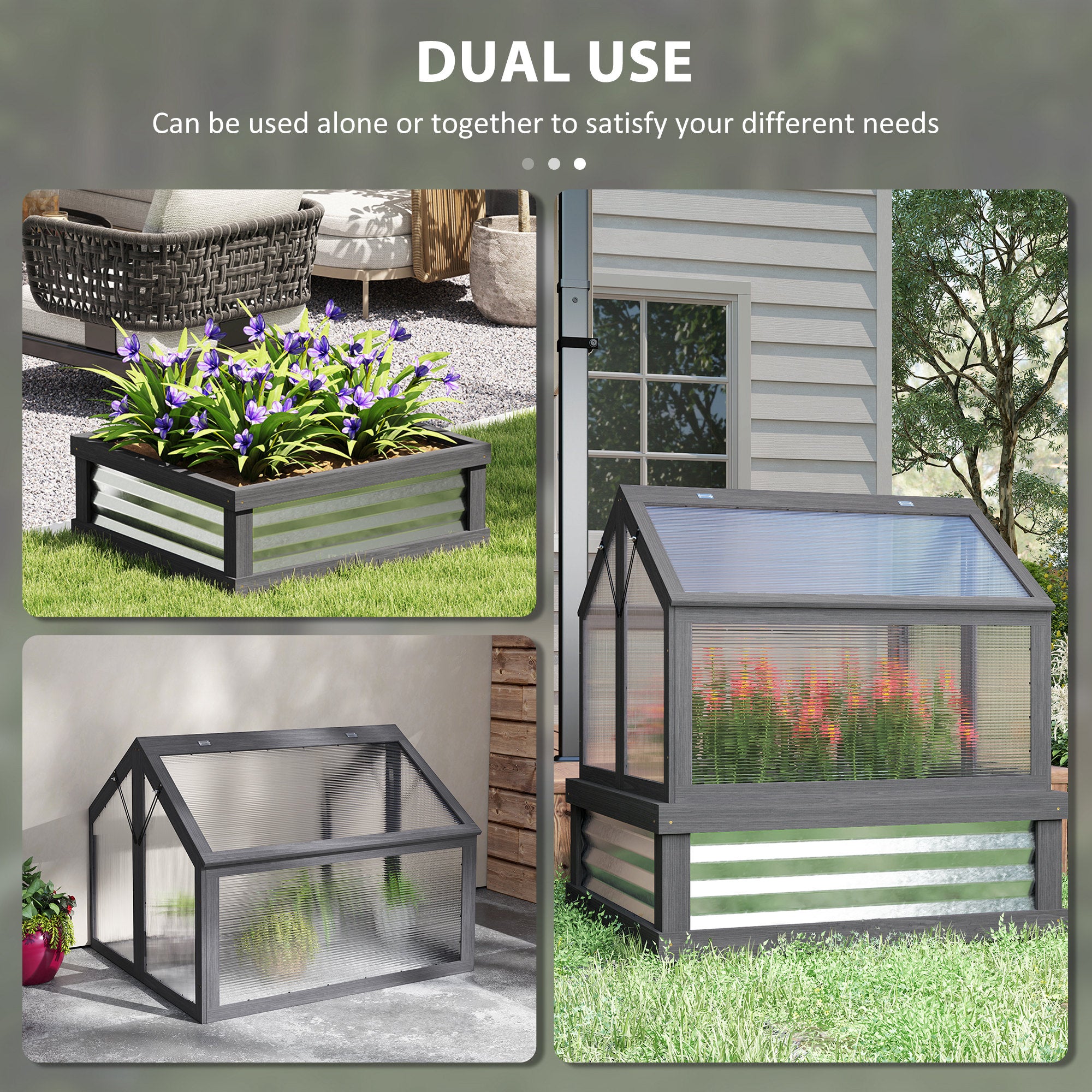 Raised Garden Flower Bed Kit with Greenhouse, Wooden Cold Frame Planter, 35.5" x 31.5" x 36", Gray