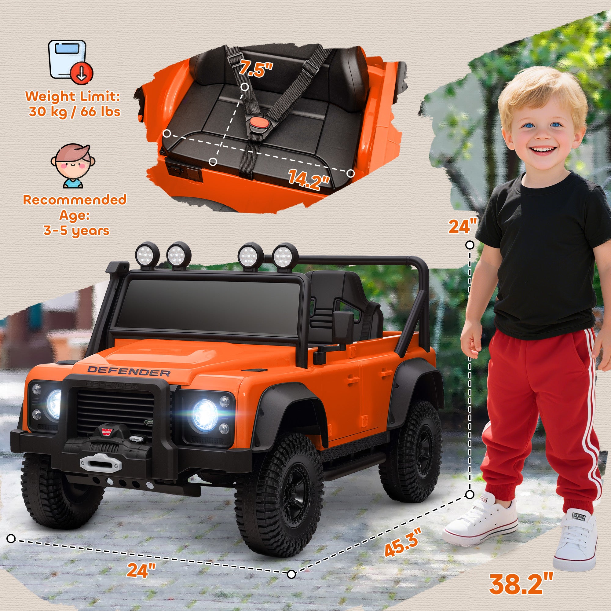 Licensed Electric Car for Kids with Remote Control, Dual Motors, Spring Suspension, LED Lights, Orange