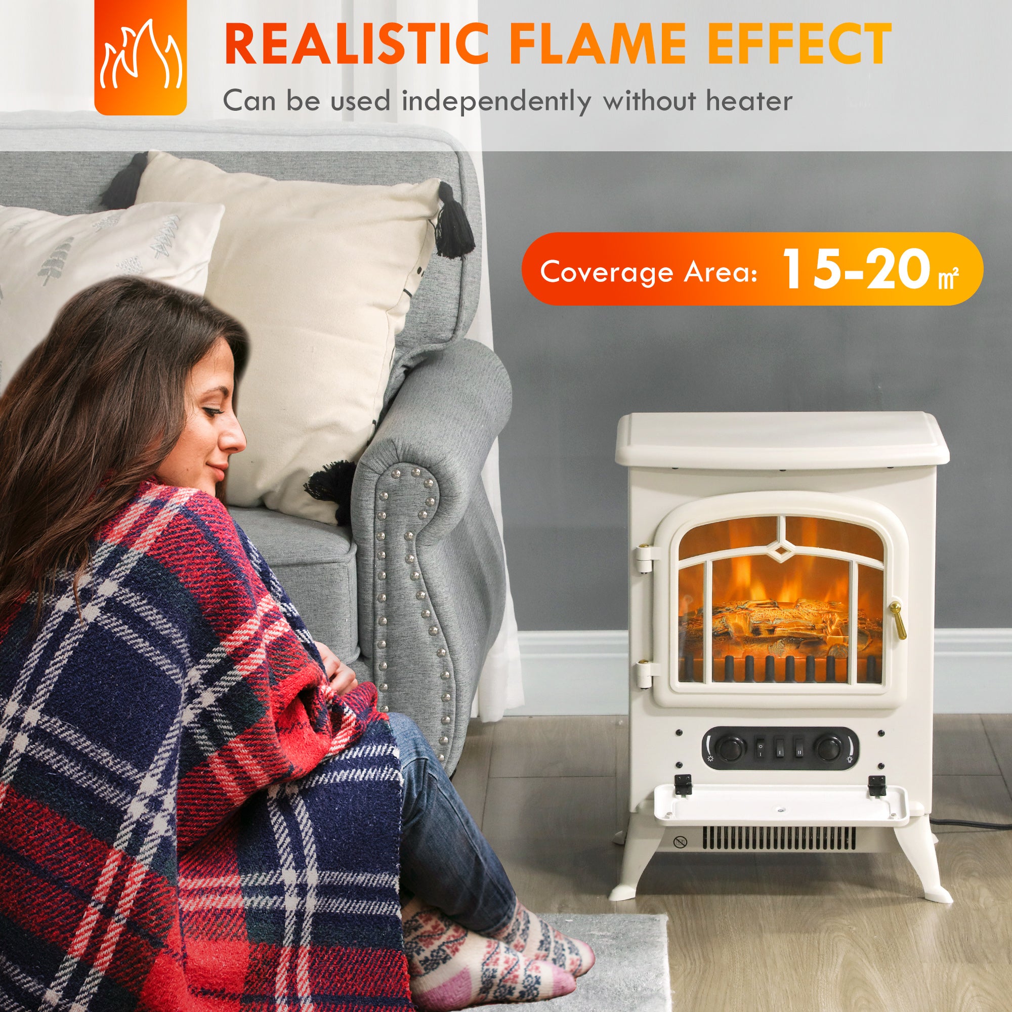 Fireplace Stove, Electric Fireplace Heater with Realistic LED Flames and Logs, 725W/1450W, Beige