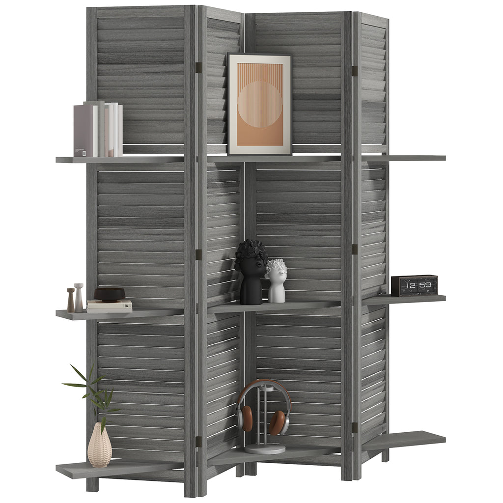 4 Panel 67" Tall Wood Privacy Screen Room Divider with 3 Shelves and Folding Storage for Bedroom, Gray