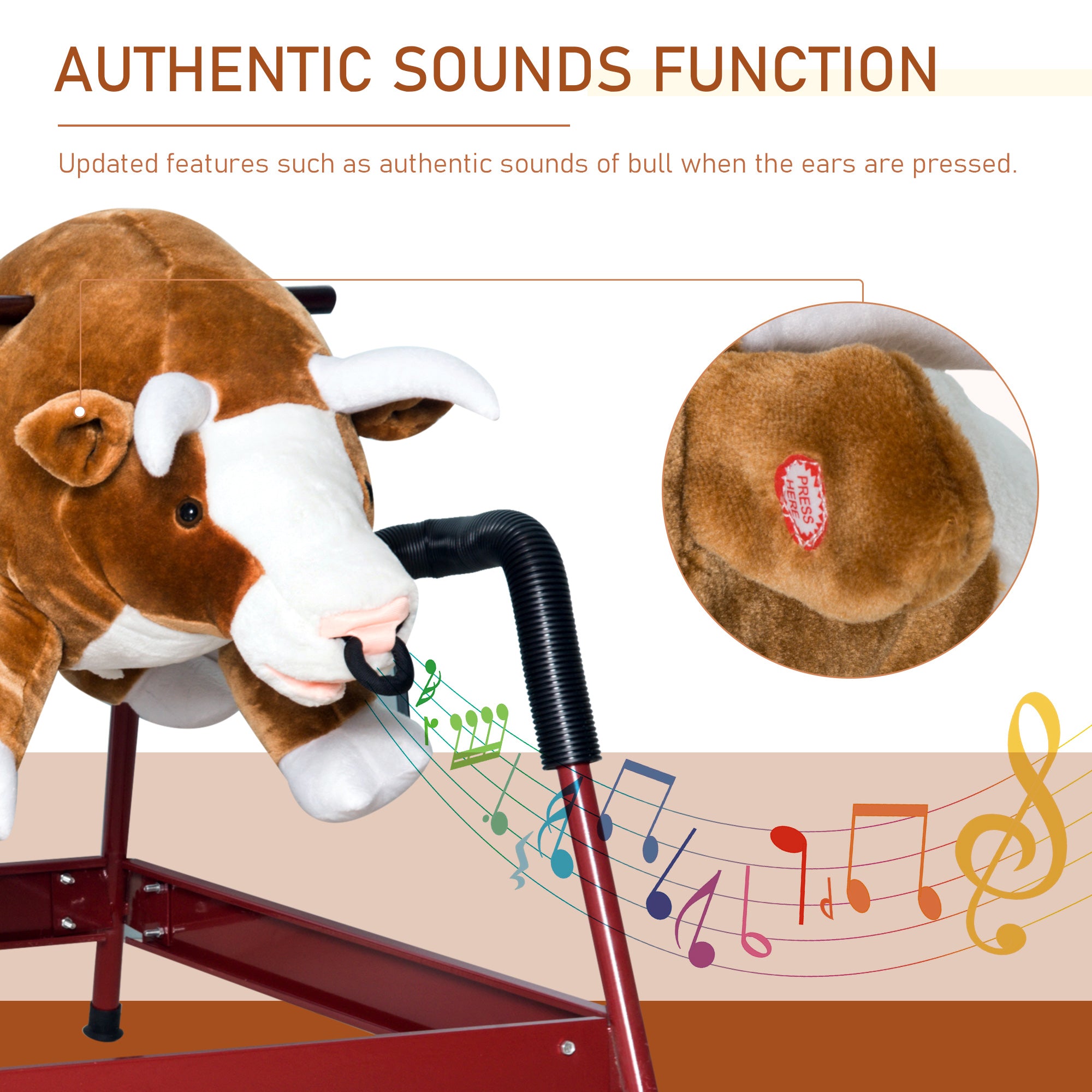 Kids Spring Rocking Horse Rodeo Bull Style with Realistic Sounds for Children over 3 Years Old