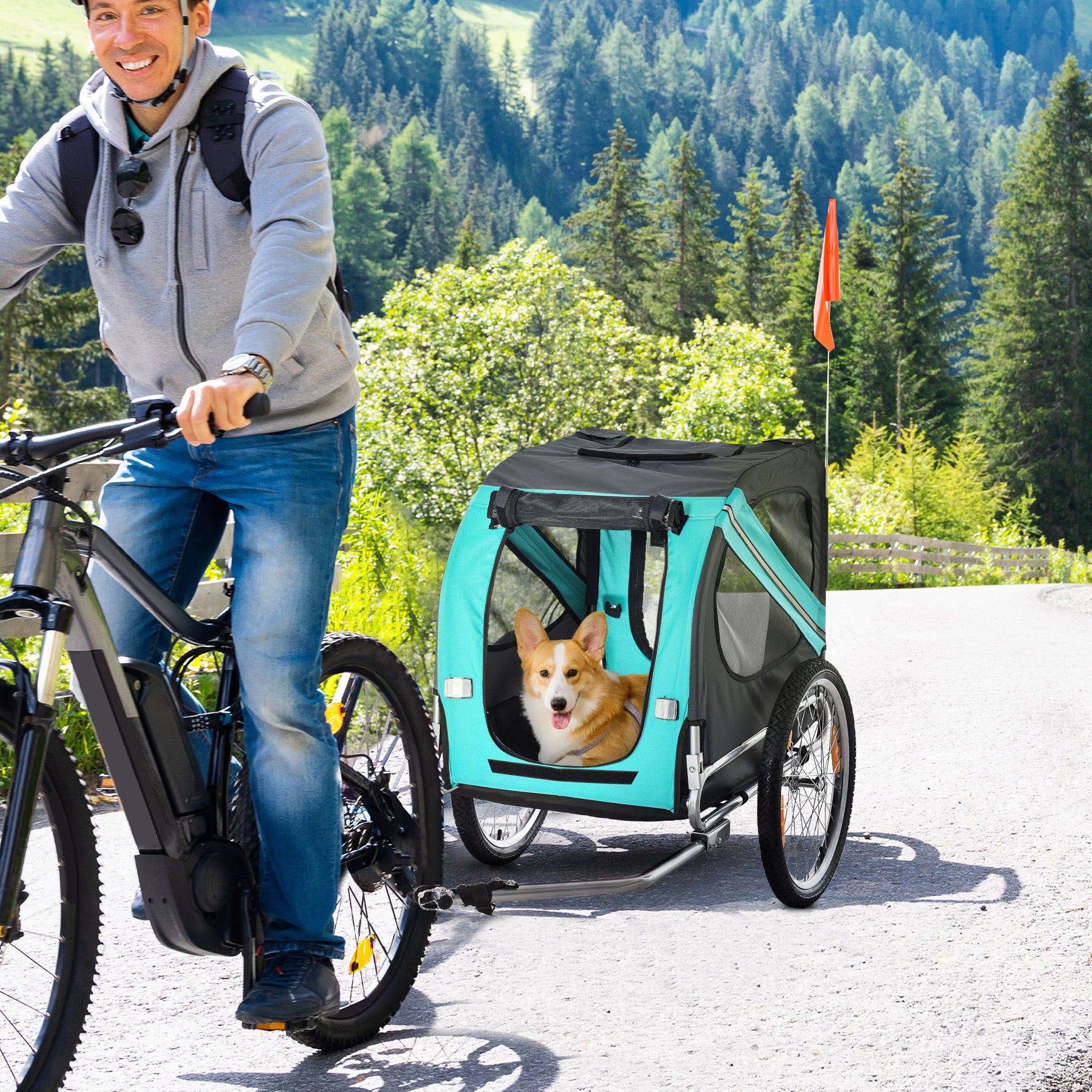 Dog Bike Trailer with 3 Entrances Large Wheels, Green