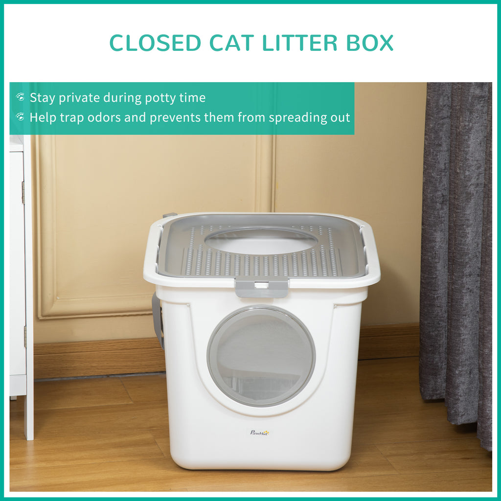 Covered Cat Litter Box, Easy Cleaning Kitty Litter Box with Front Entrance, Top Exit, Scoop, for Odor Control, White