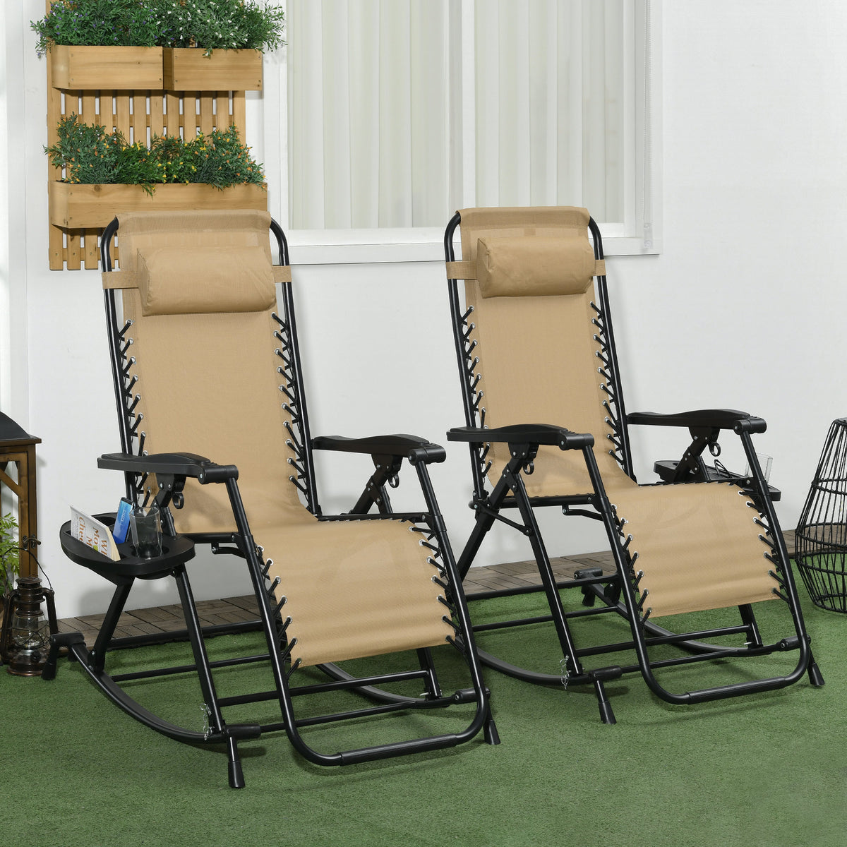 2 Outdoor Rocking Chairs Foldable Reclining Zero Gravity Lounge Rockers w/ Pillow Cup & Phone Holder, Beige