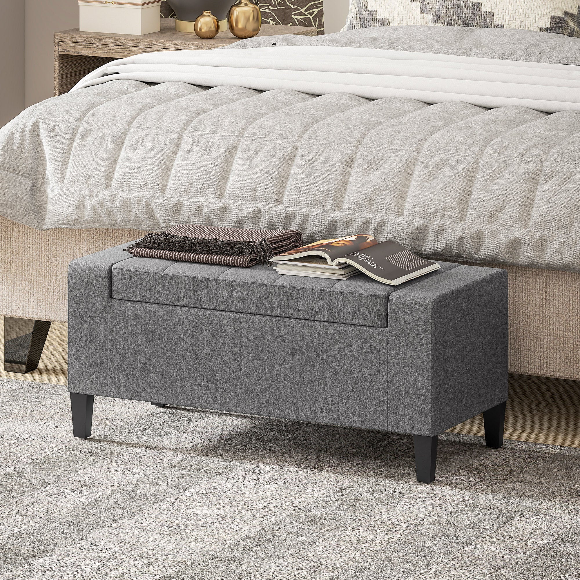 36" Ottoman with Storage, Storage Ottoman Bench with Lift Top and Rubberwood Legs, Linen Upholstered Entryway Bench with Seating for Living Room, Bedroom, Holds up to 330 lb, Gray
