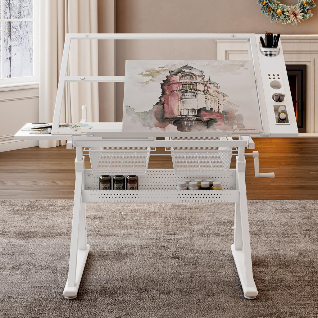 Hand-Crank Adjustable Drafting Table with 2 Large Metal Drawers, Drawing Desk with Tempered Glass Top, 40" L x 23.5" W x 29.5" H, White