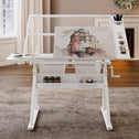Hand-Crank Adjustable Drafting Table with 2 Large Metal Drawers, Drawing Desk with Tempered Glass Top, 40" L x 23.5" W x 29.5" H, White