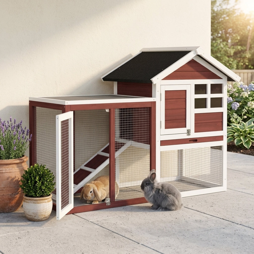 49" Wooden Rabbit Hutch Bunny Cage with Waterproof Asphalt Roof, Fun Outdoor Run, Removable Tray and Ramp, for Rabbits, Chickens, Ducks, Brown