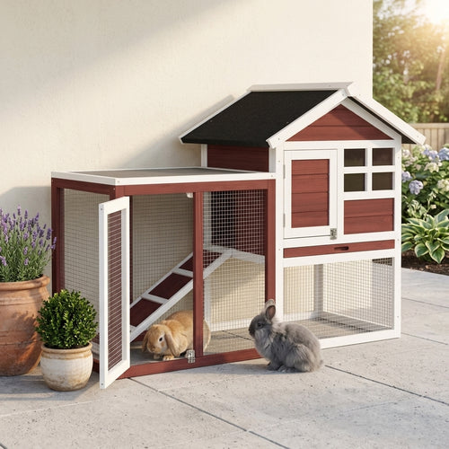 49" Wooden Rabbit Hutch Bunny Cage with Waterproof Asphalt Roof, Fun Outdoor Run, Removable Tray and Ramp, for Rabbits, Chickens, Ducks, Brown
