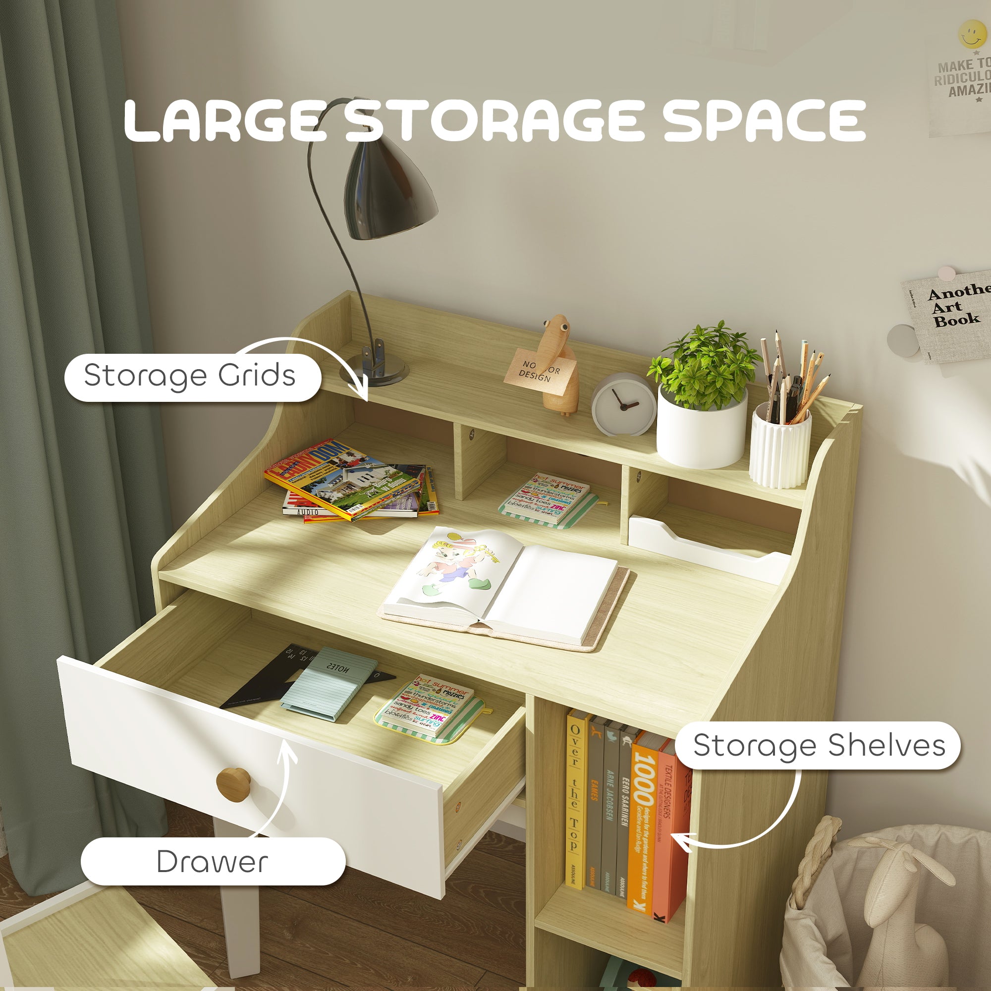 Kids Desk and Chair Set with Storage Shelves, Drawer for 3-10 Years, White
