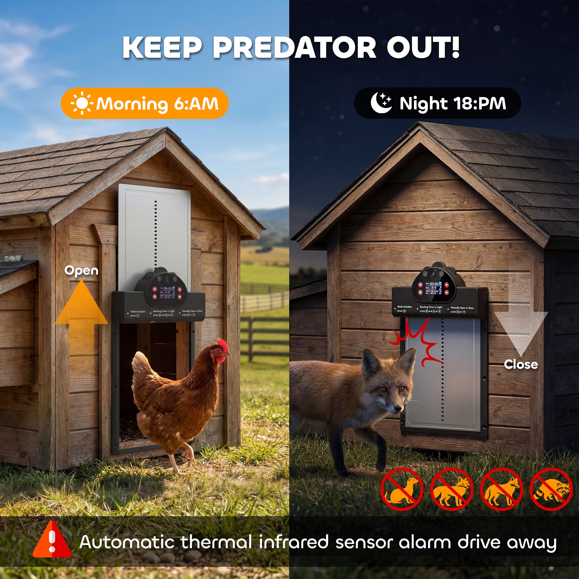 2K HD AI Camera Automatic Chicken Coop Door with APP Remote Control, WiFi Solar Powered with 5200 mAh Large Battery