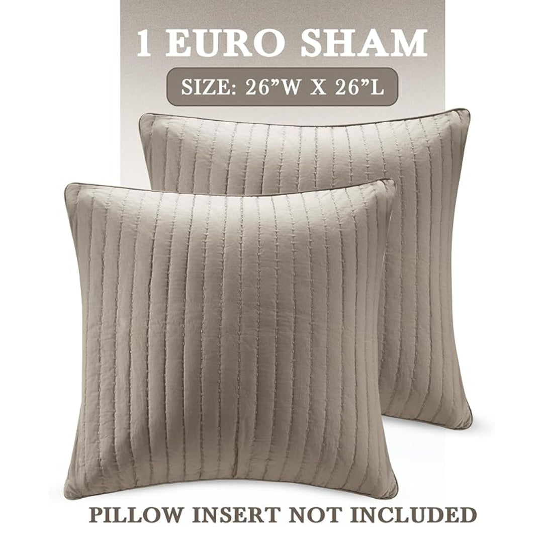 Embroidered Cotton Quilted Euro Sham with Hidden Zipper, Machine Washable Farmhouse Style Pillow Cover, 26" L x 26" W x 0.25" H, Taupe