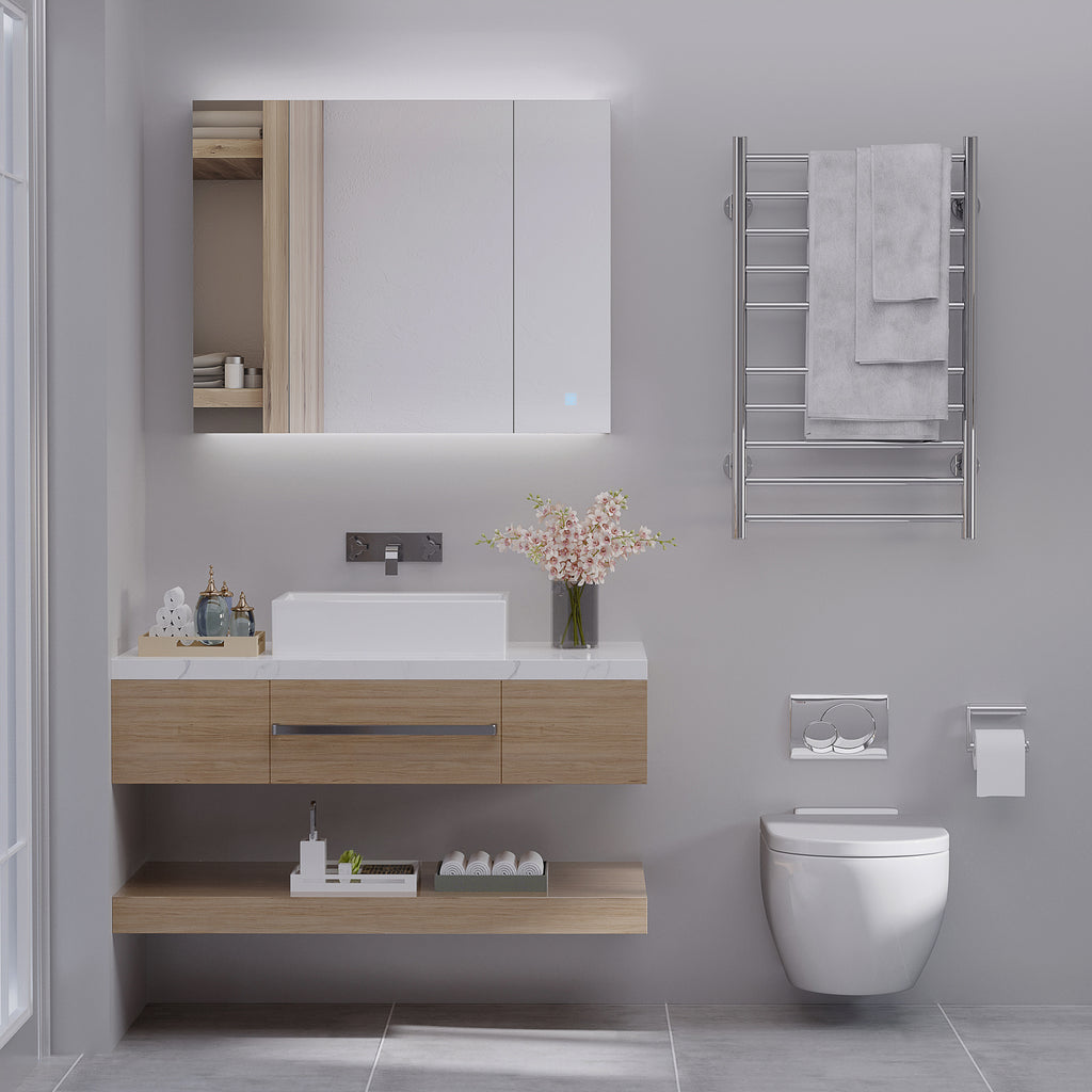 LED Medicine Cabinet, Wall-Mounted Bathroom Vanity Mirror Organizer with Dimmer Touch Switch, USB Charged, White