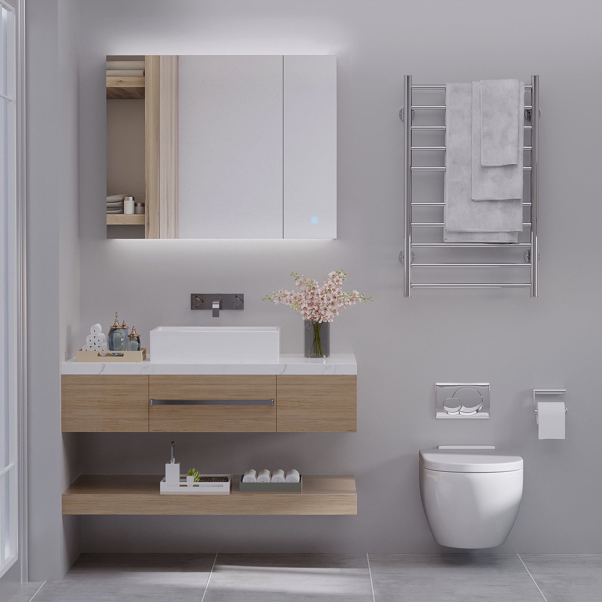 LED Medicine Cabinet, Wall-Mounted Bathroom Vanity Mirror Organizer with Dimmer Touch Switch, USB Charged, White