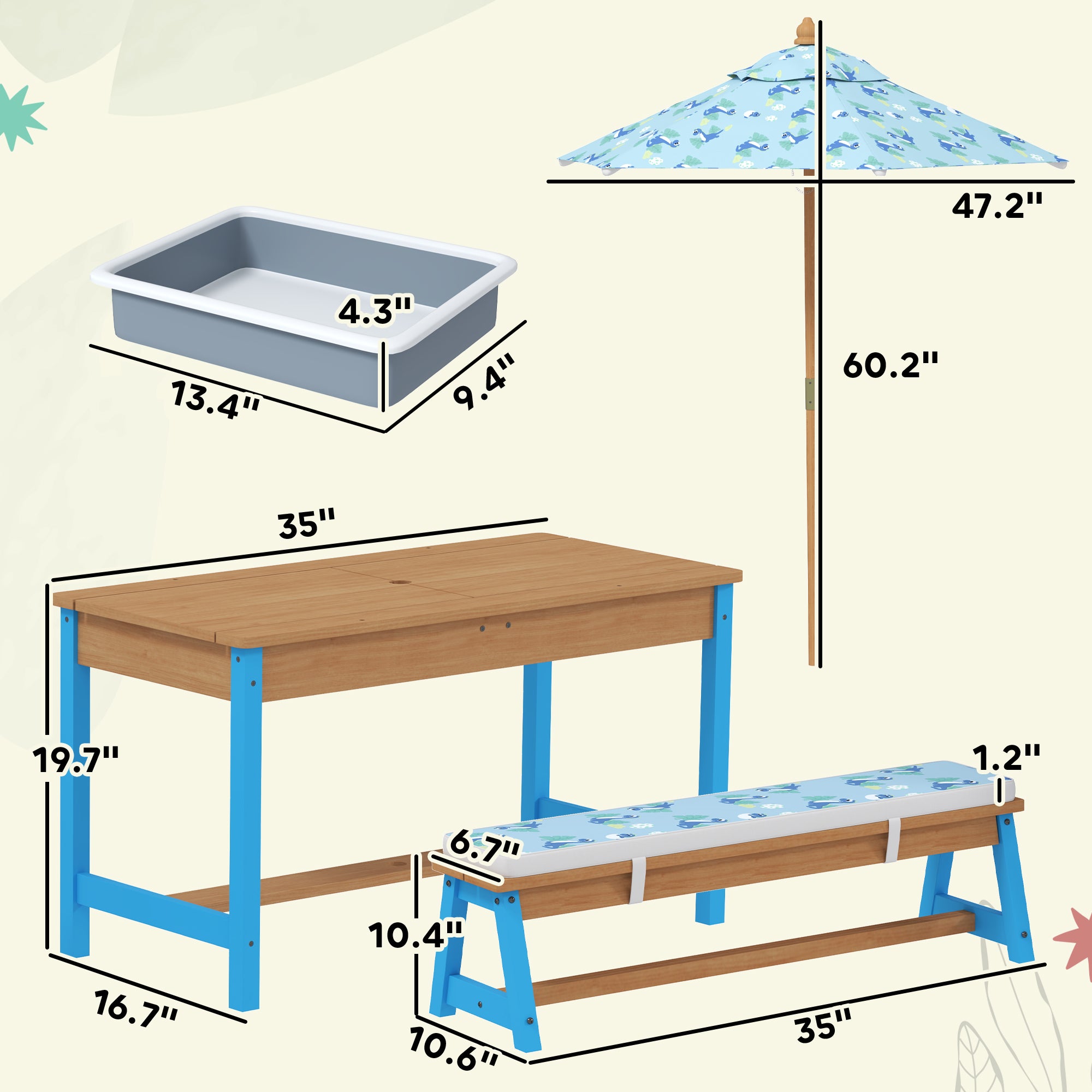 Kids Picnic Table Set with Foldable Umbrella, Removable Cushions & Boxes, Dinosaur Theme, Blue